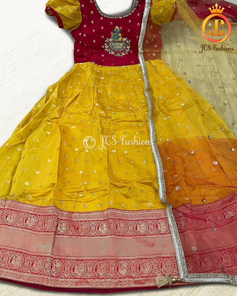 Traditional Long Gown with zari borders in Unique Red and Yellow KURTI JCS Fashions Red and Yellow X-Large (42)