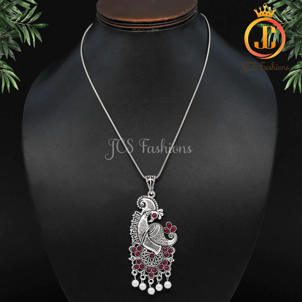 Silver Plated Necklace with Peacock pendant For Women Jewelry JCS Fashions RED