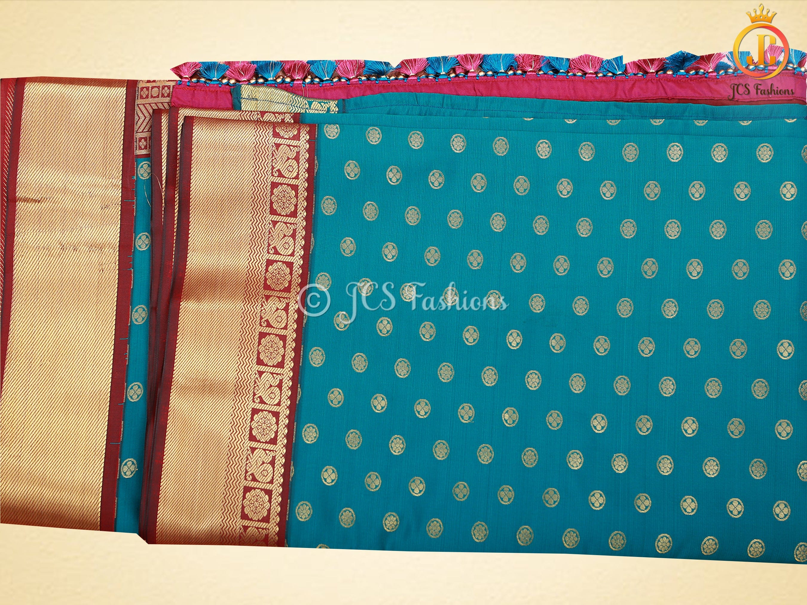 Korvai Semi Silk Saree With Maggam Work Blouse, Blue And Maroon