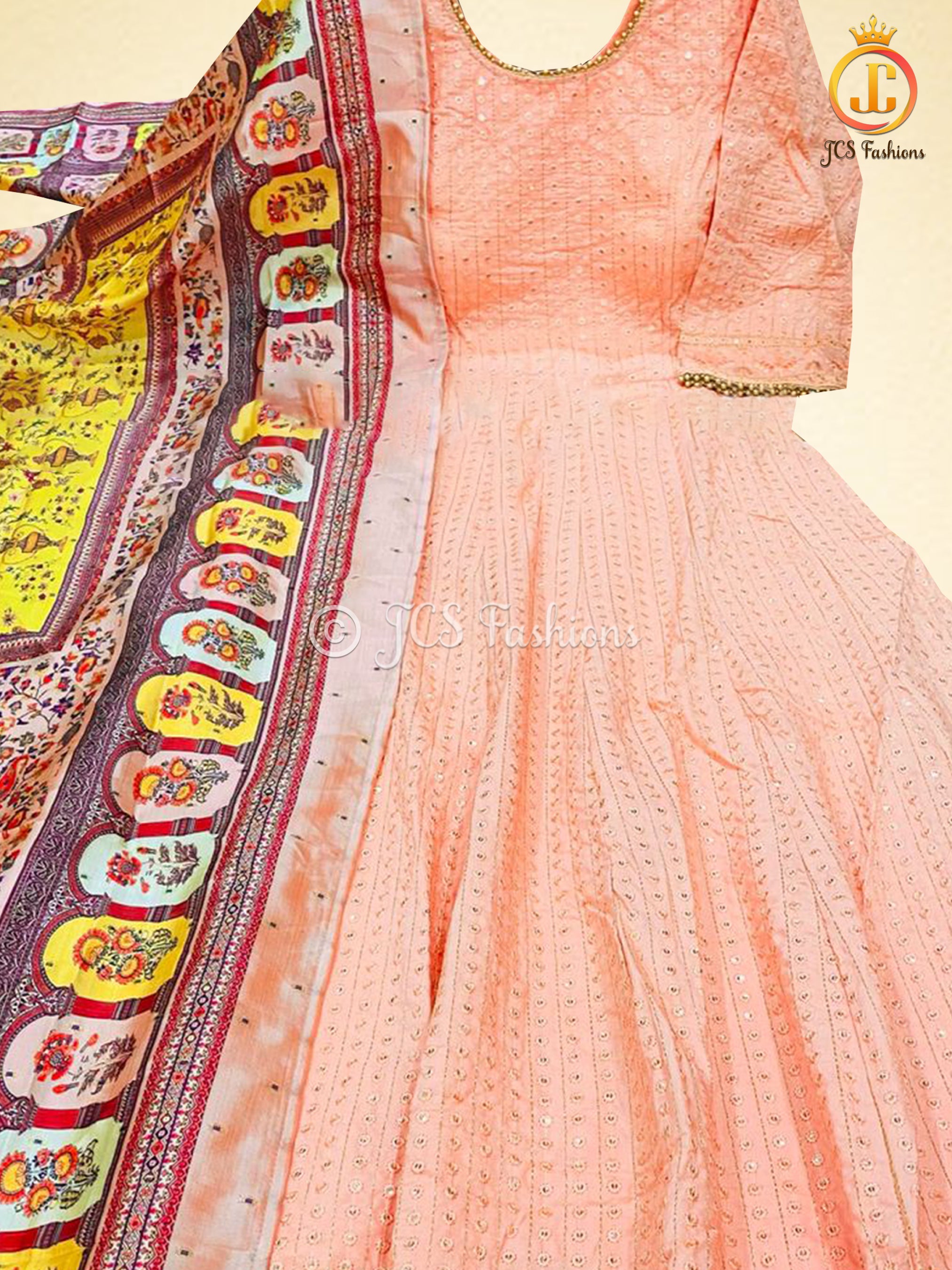 Anarkali Gown With Banarasi Silk Dupatta, Heavy Sequins Work. KURTI JCS Fashions Peach Large (40)