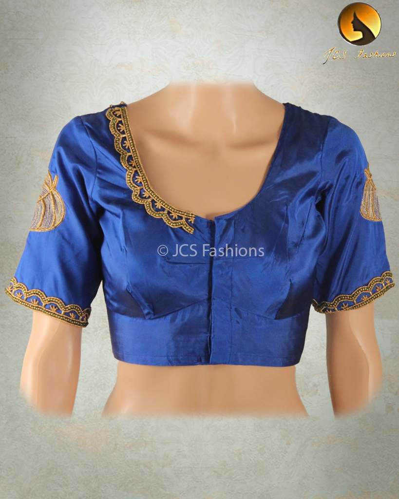 Beautiful Silk blouse with Aari/Maggam work in Stunning Blue Blouse JCS Fashions