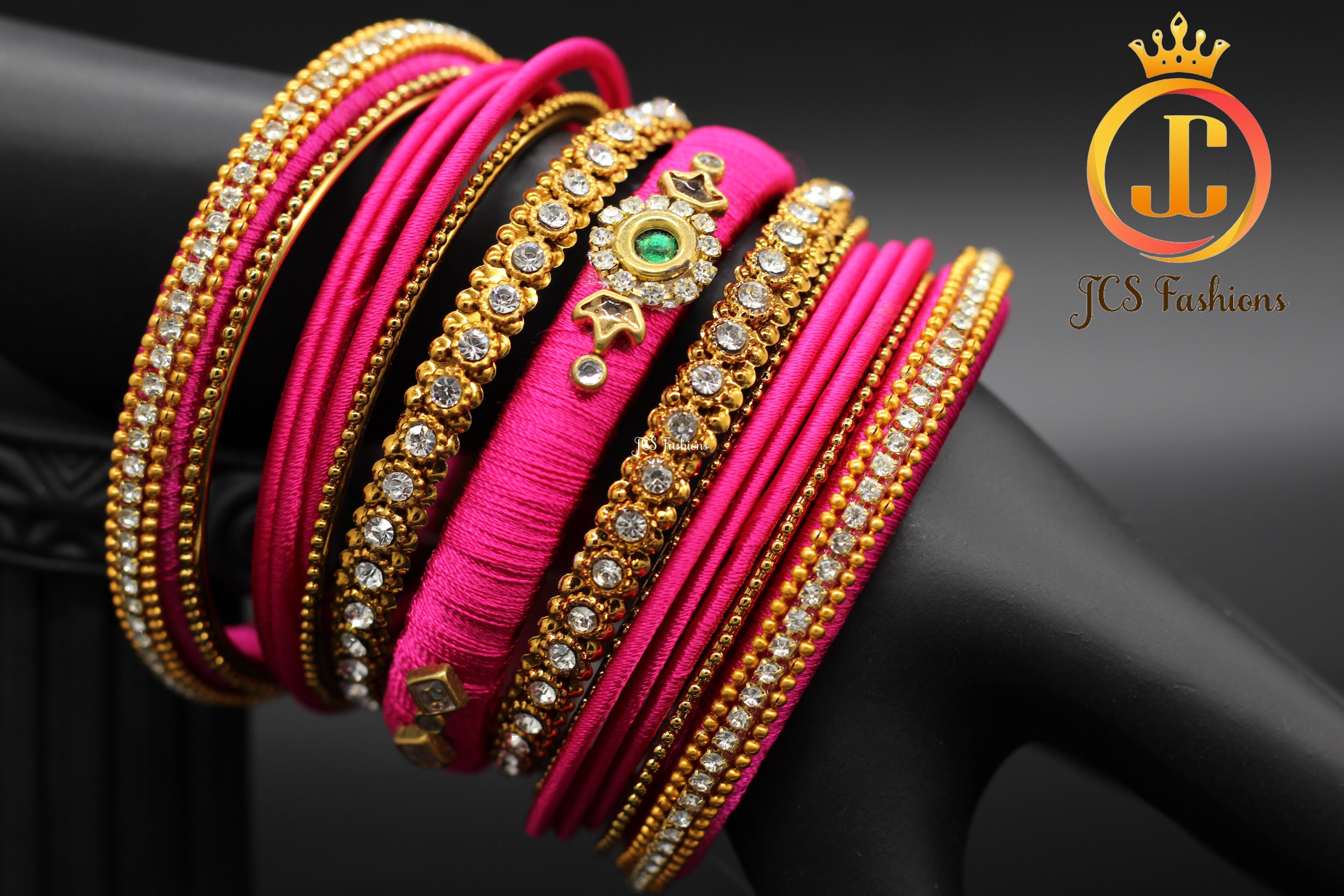 Designer Silk Bangles: Kundan and Stone - Set of 15 - JCSFashions Jewelry JCS Fashions Pink 2.40