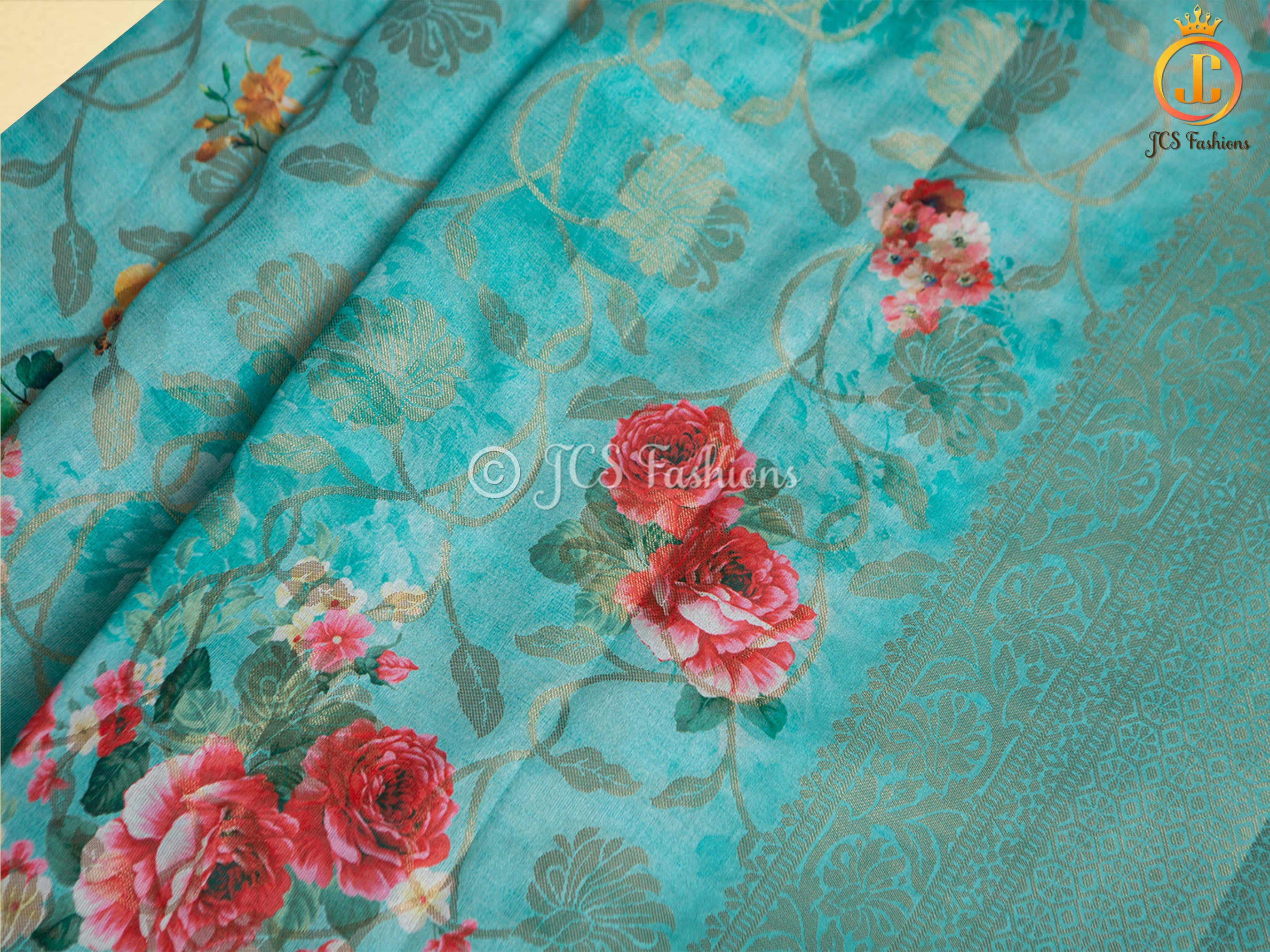 Semi Munga Silk Saree, Weaving and floral Prints. With Fully stitched Blouse.