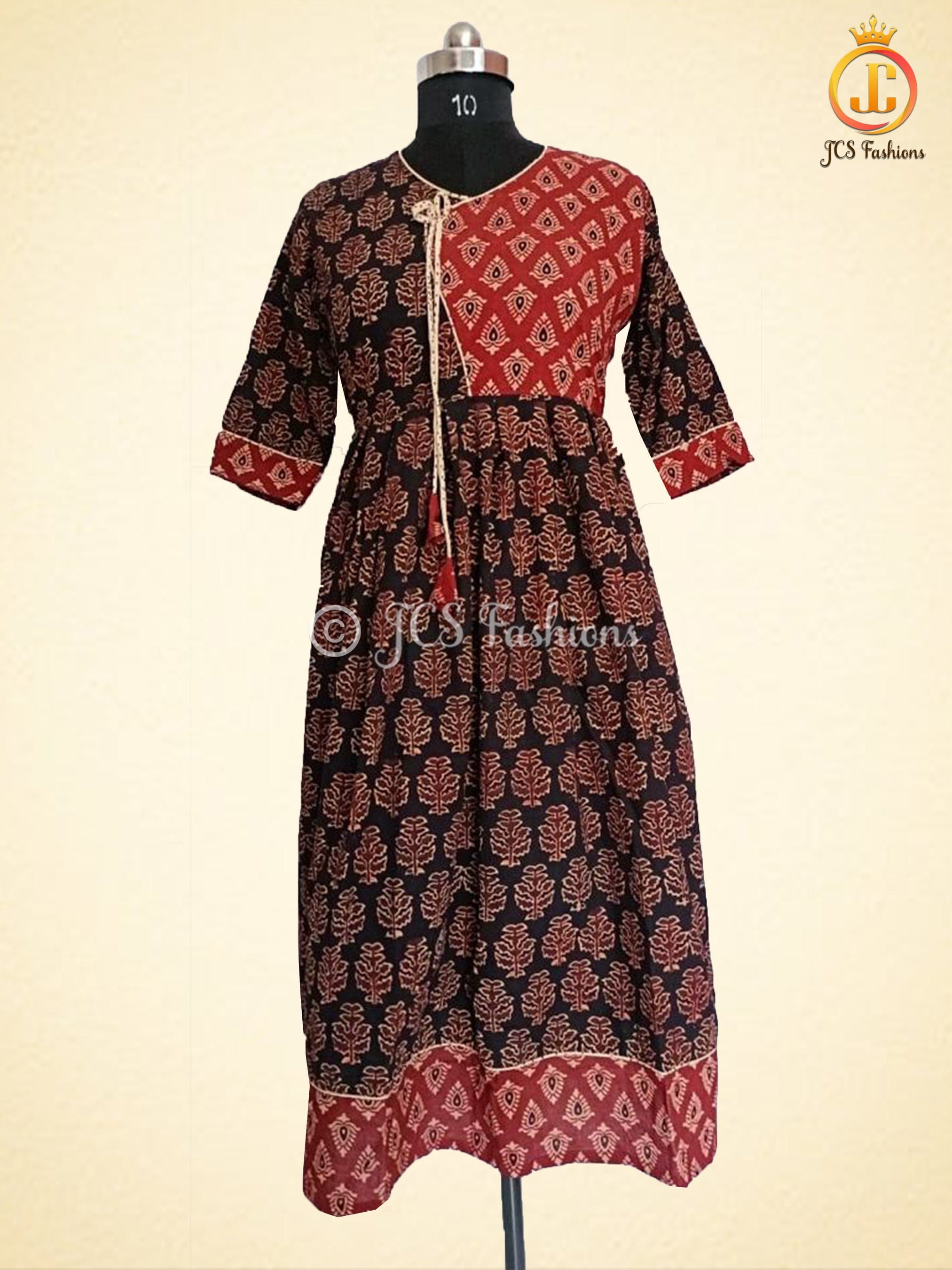 Cotton Fabric Handblock Print Anarkali Kurti For Women KURTI JCS Fashions Dark Brown Medium (38)