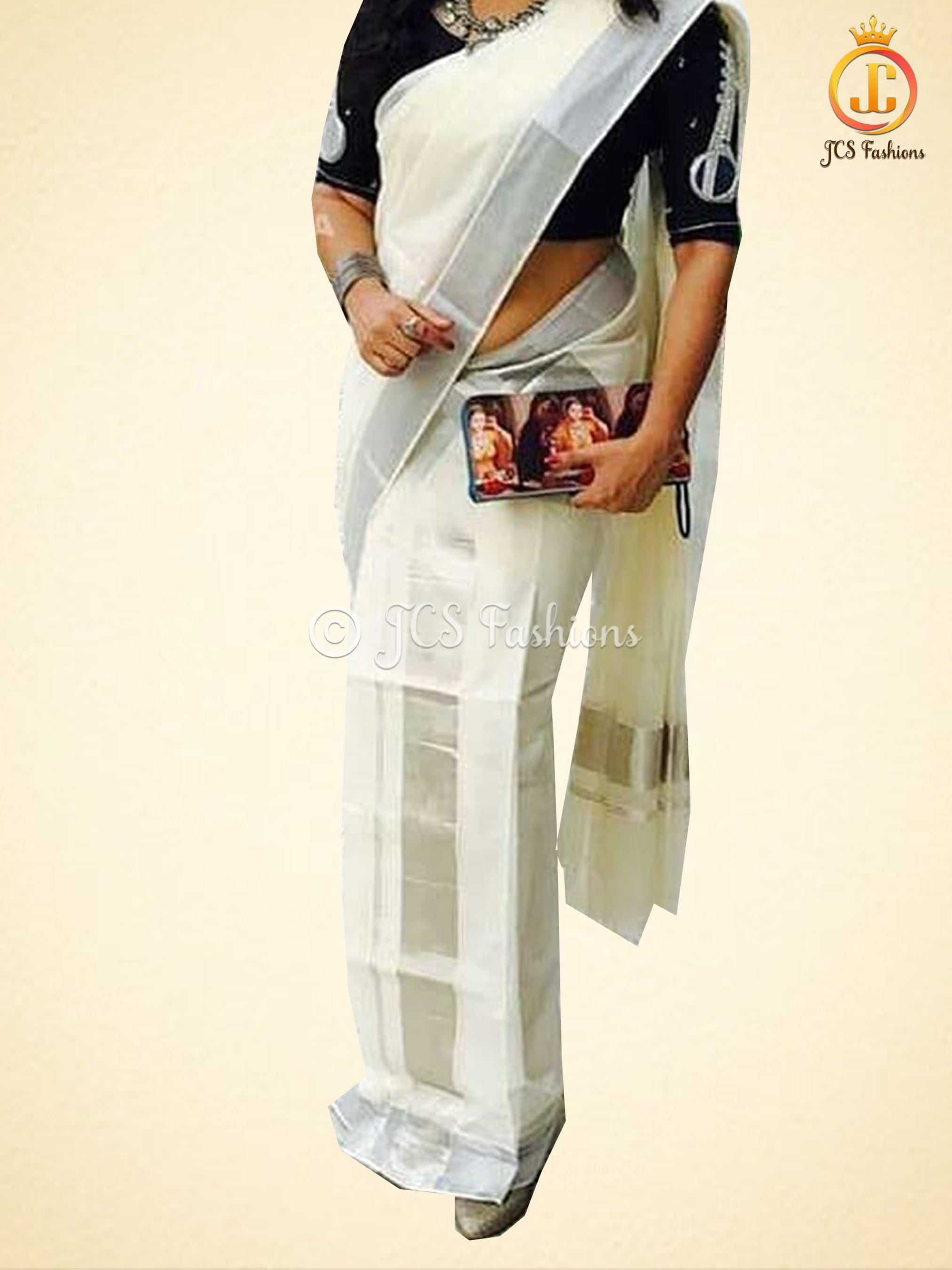 Premium Quality 3 Inch Silver Jari Set Mundu Cotton Saree