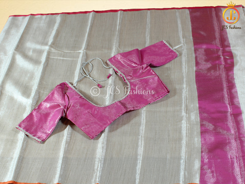 Tissue Saree With Lace Work Blouse, Elegant Silver Weaving