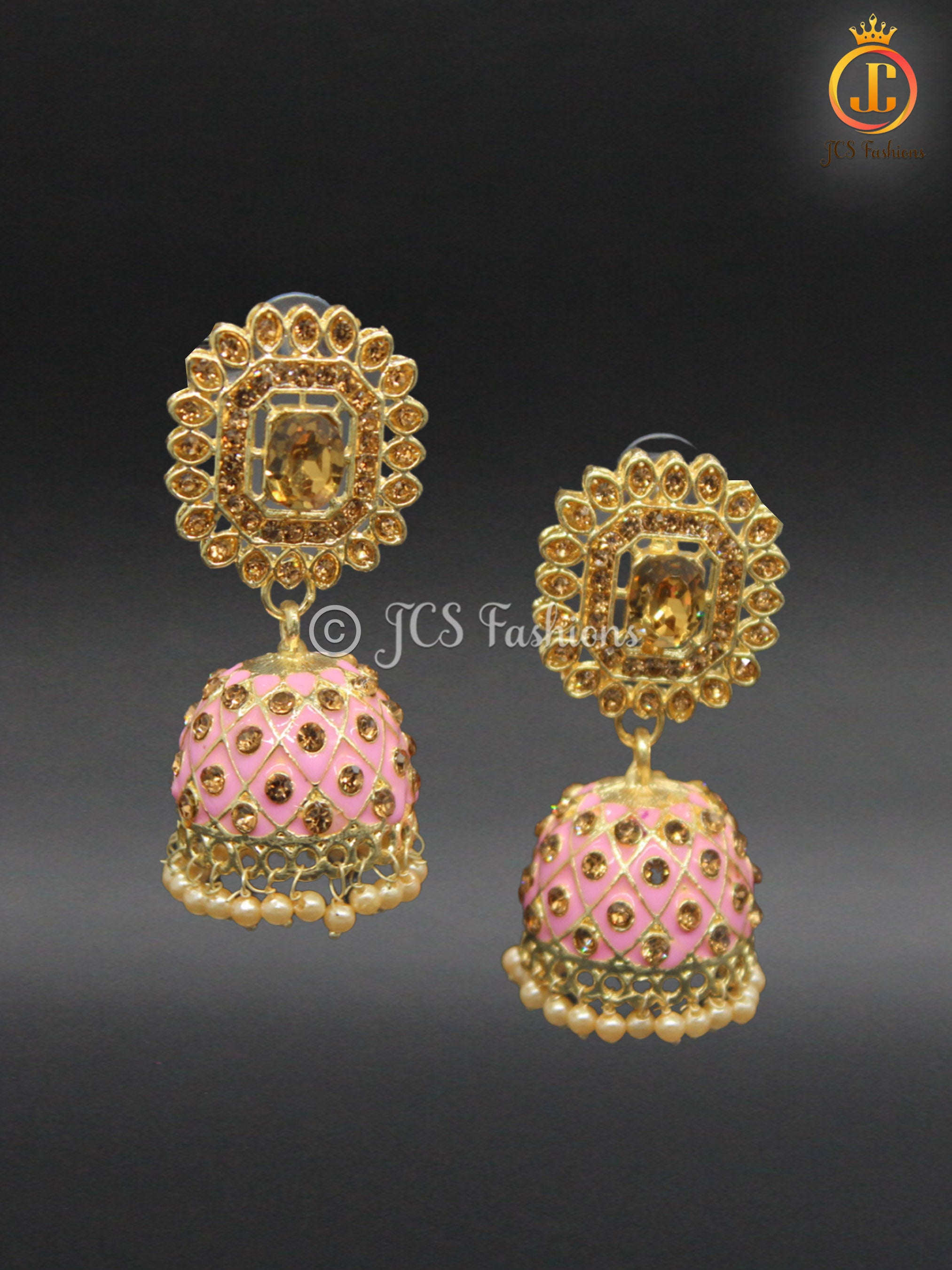 Kundan Jhumka Earrings with Stones and Pearls Jewelry JCS Fashions Baby Pink 2.5 inch