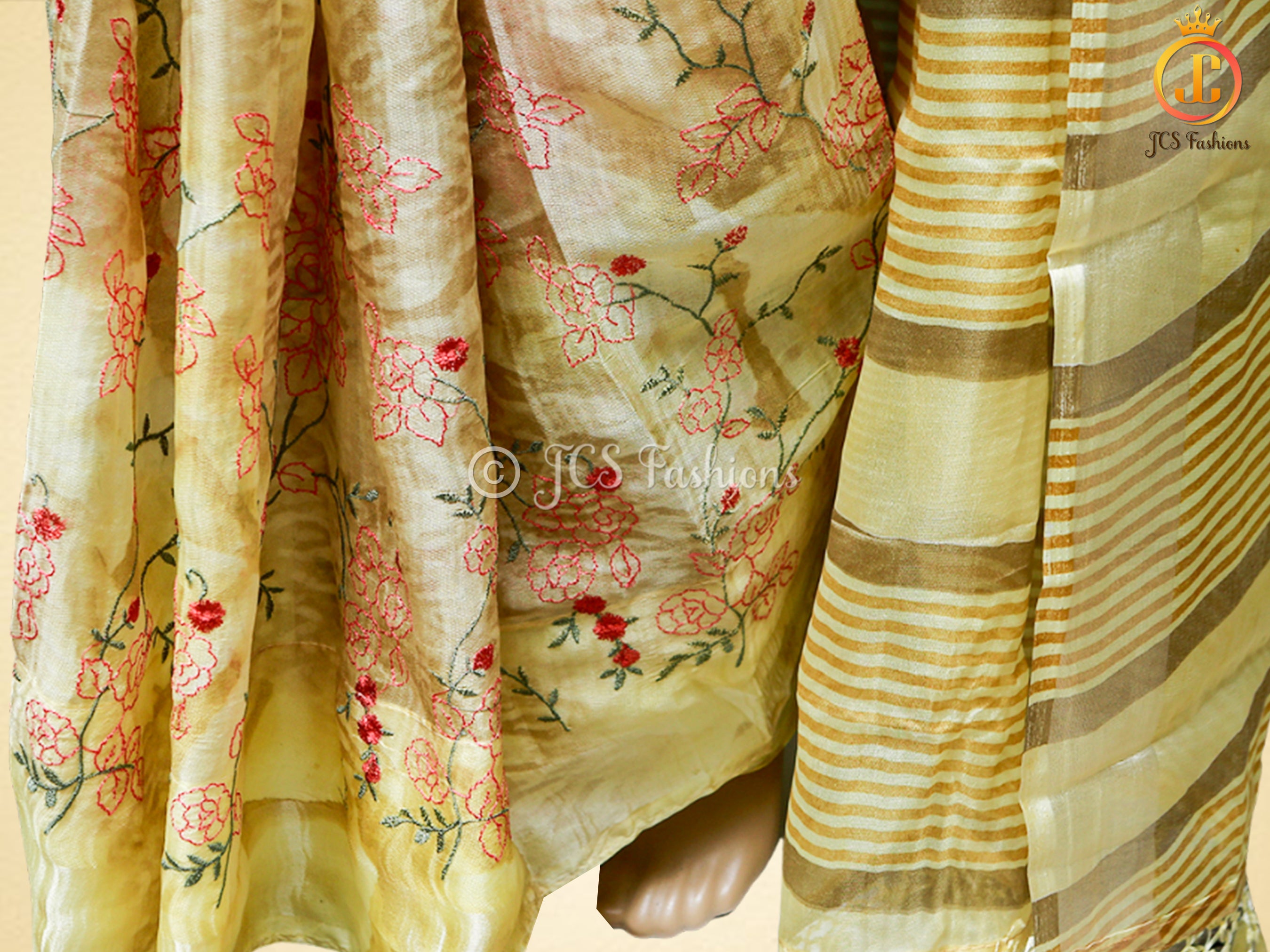 Soft Organza Saree With embroidery and zari work, Fully stitched blouse