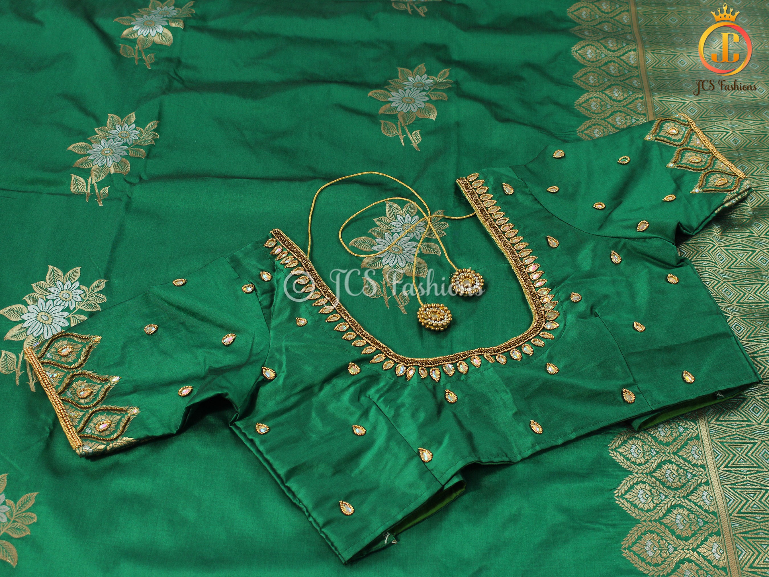 Semi Silk saree, Silver and antique Zari Motifs, Weaving Patterns with fully stitched Blouse