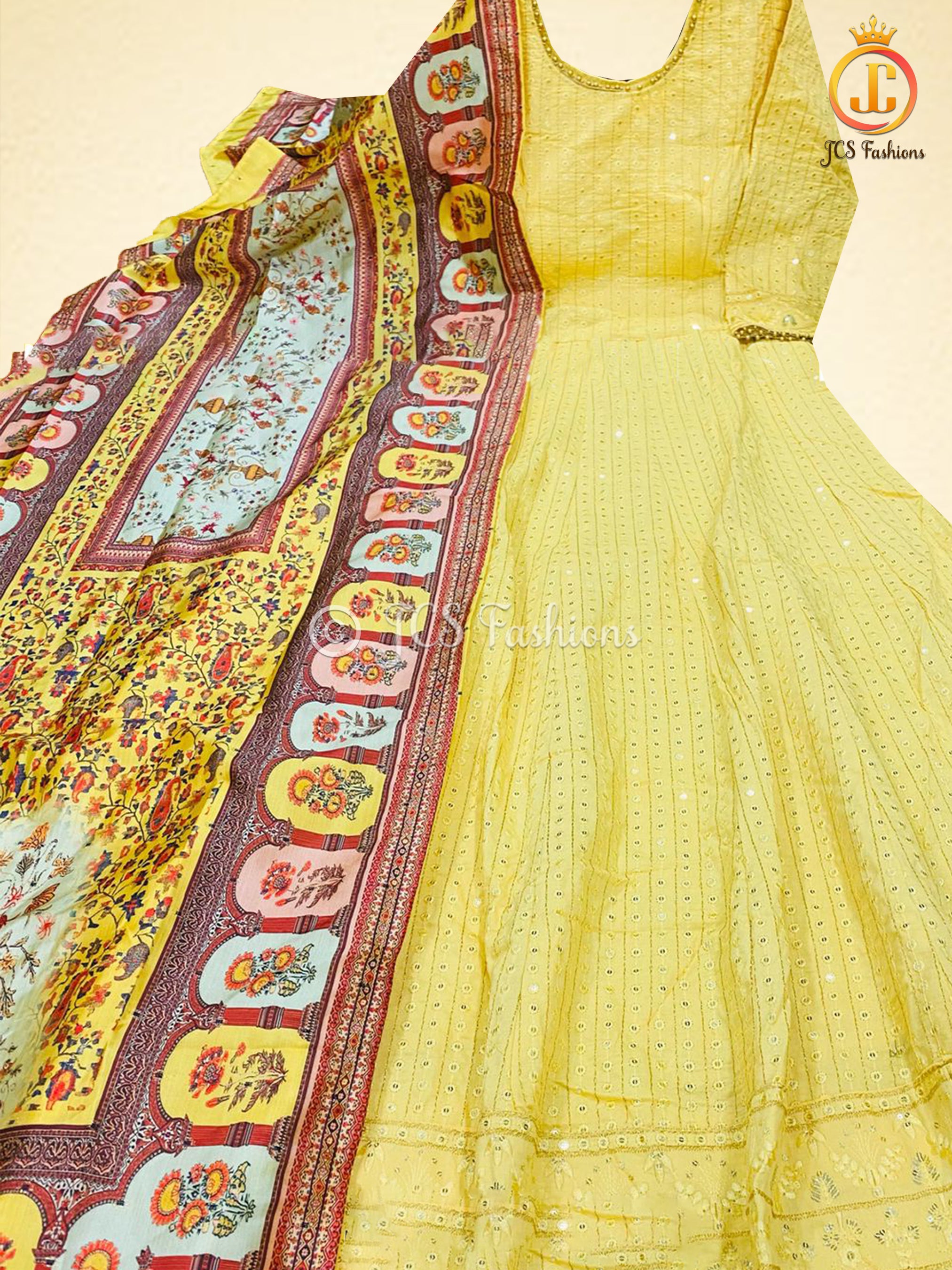 Rich Pastel Color Anarkali Gown With Banarasi Silk Dupatta KURTI JCS Fashions Lemon yellow Large (40)