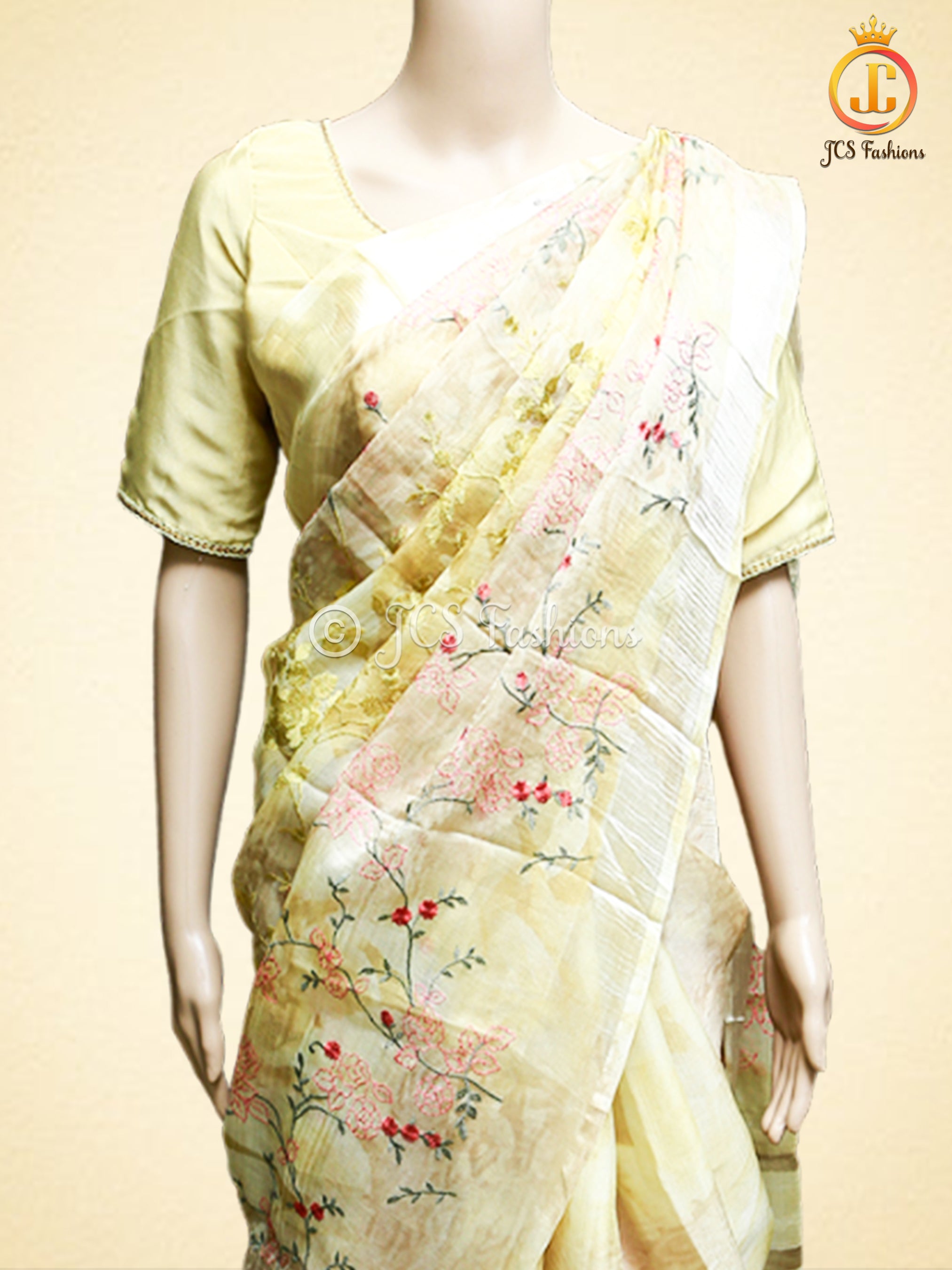 Soft Organza Saree With embroidery and zari work, Fully stitched blouse