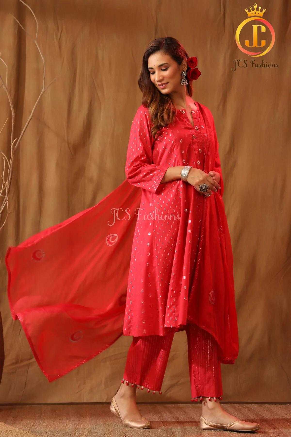 Cotton Shimmery Kurta with Stole, and matching potli pants Sustainable JCS Fashions Red S