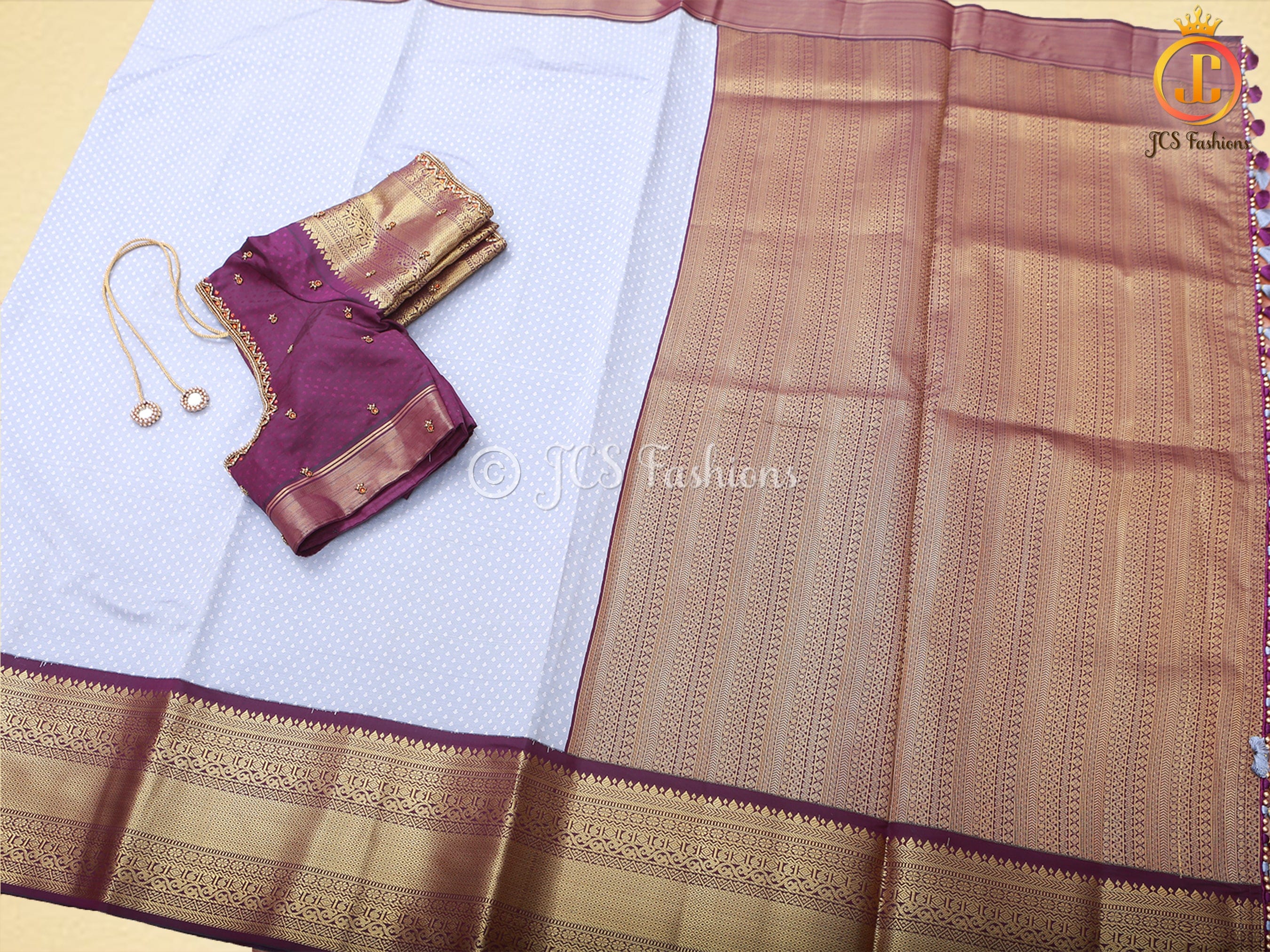 Semi-Silk Saree with Korvai pattern and Maggam Work Blouse