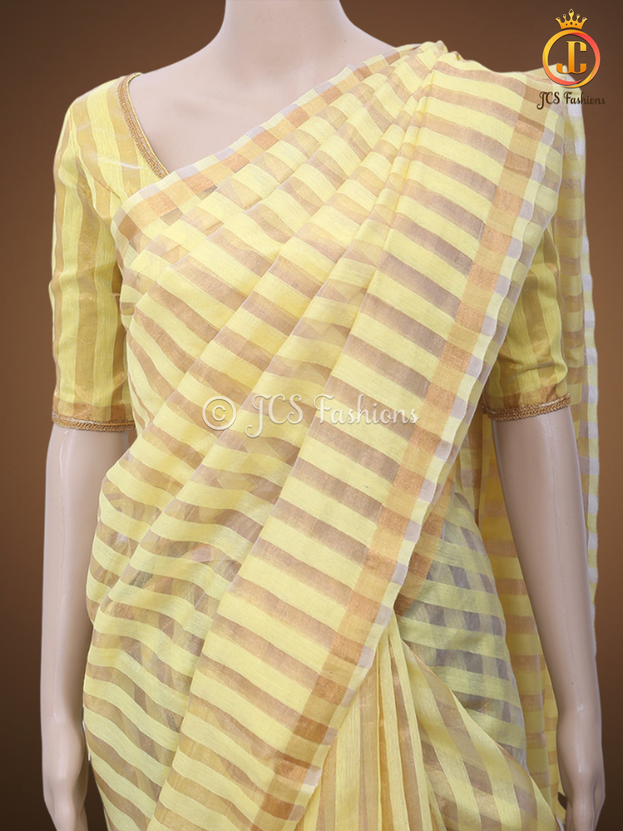 Vertical Zari weaved Lemon Yellow Tissue Linen Saree With Blouse