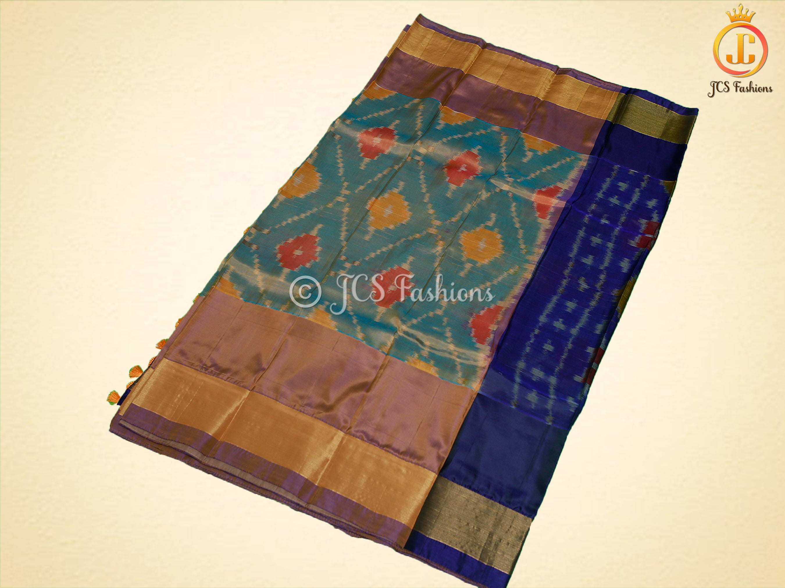 Soft Silk Pattu Saree, All-Over Pochampalli ikkat Design, Contrast Color Blouse SAREE JCS Fashions