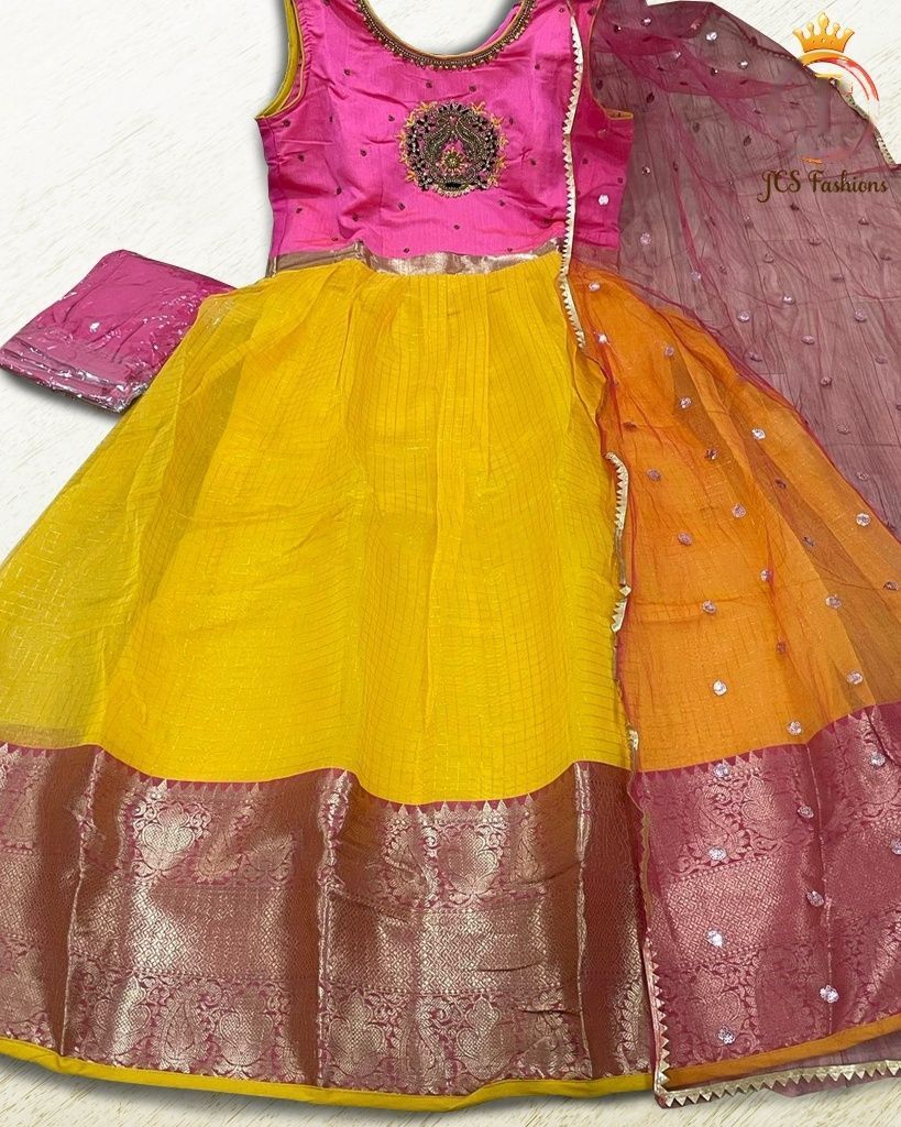 Long Gown with Zari Borders in Pink and Yellow KURTI JCS Fashions Pink and Yellow Large (40)