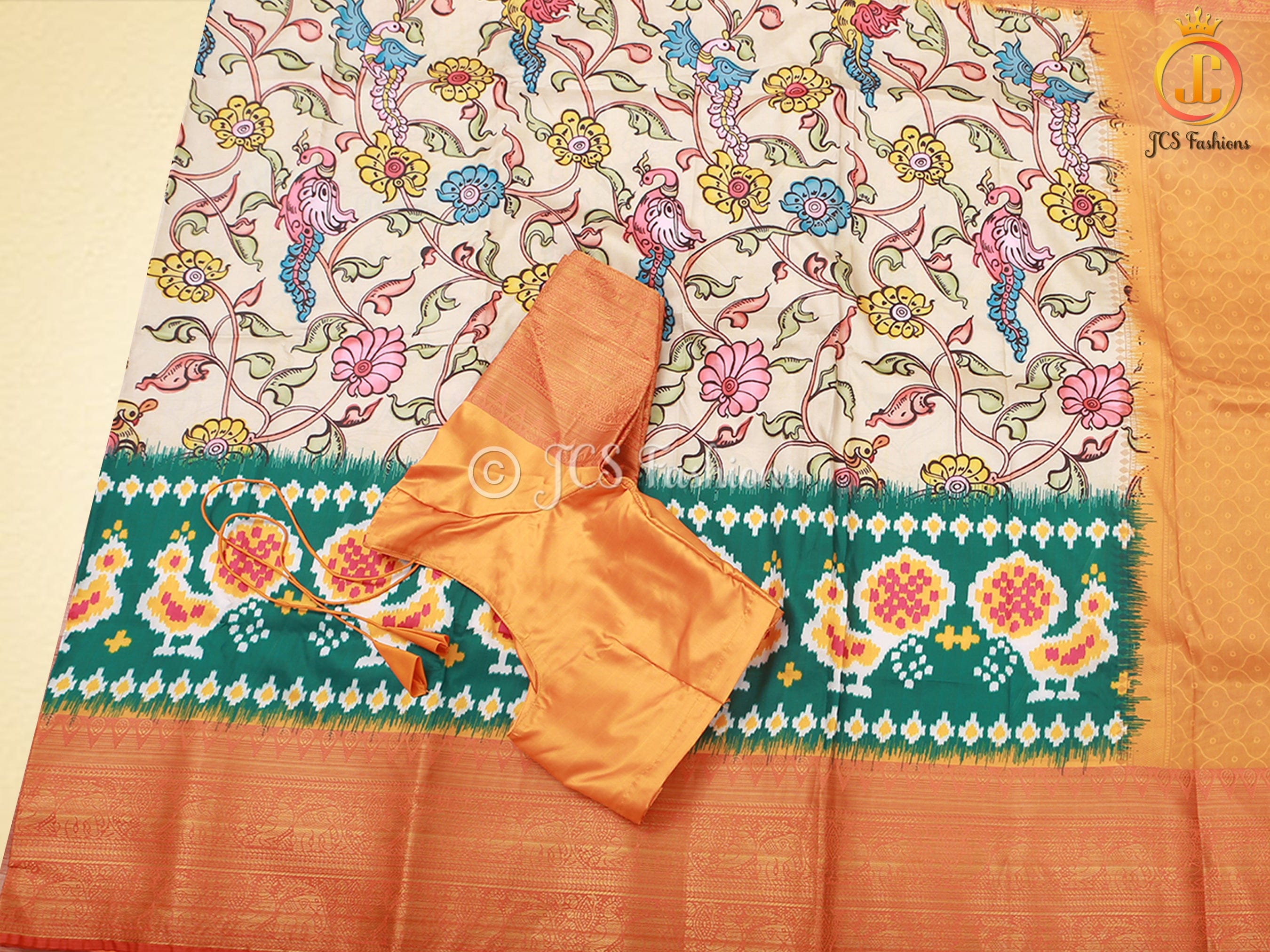 Kalamkari And Patola Prints Soft Silk Saree With Kanchi Border SAREE JCS Fashions Cream 5.5 meters