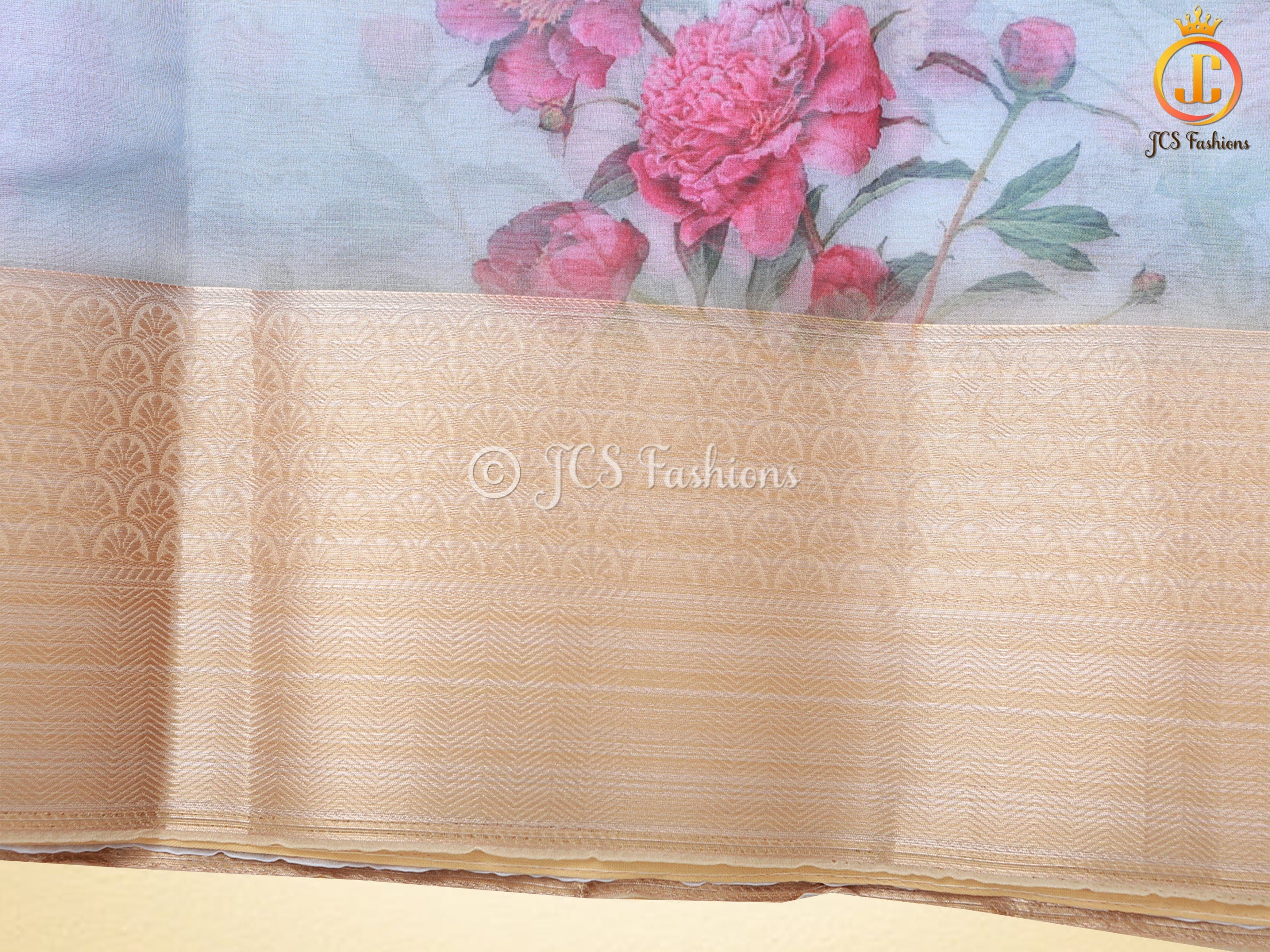 Stunning Pure Handloom Organza Printed Saree with Fully Stitched Printed Blouse