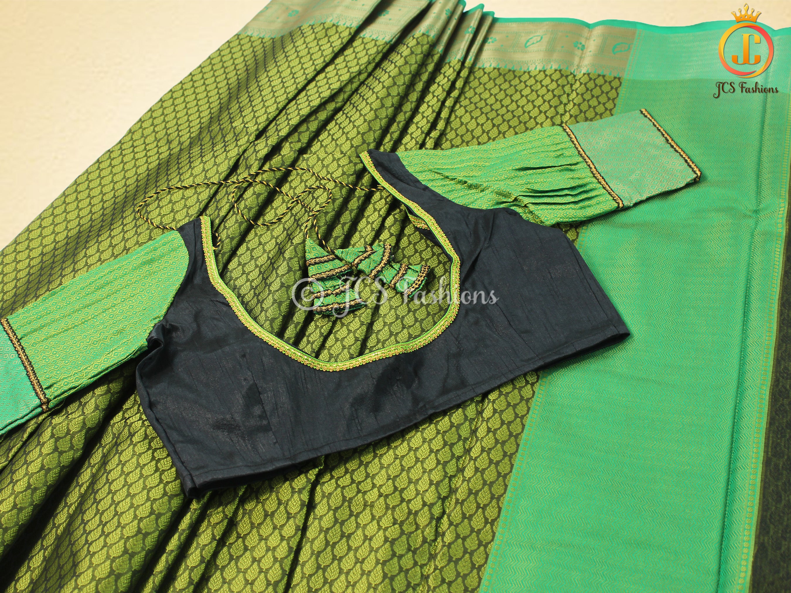 Olive green Kora Muslin Saree with ready to wear designer Blouse