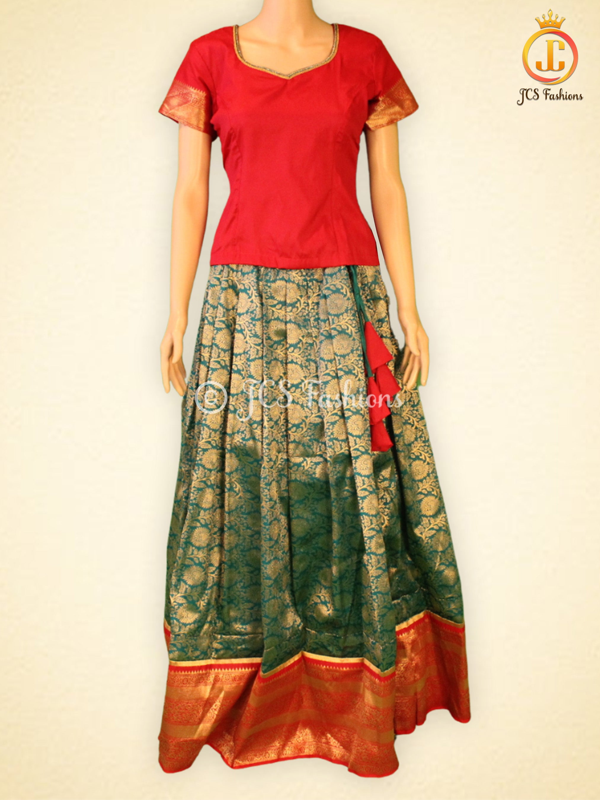 Banarasi Lehenga with Crop Top | Pavadi for Teens | half saree| Bottle Green