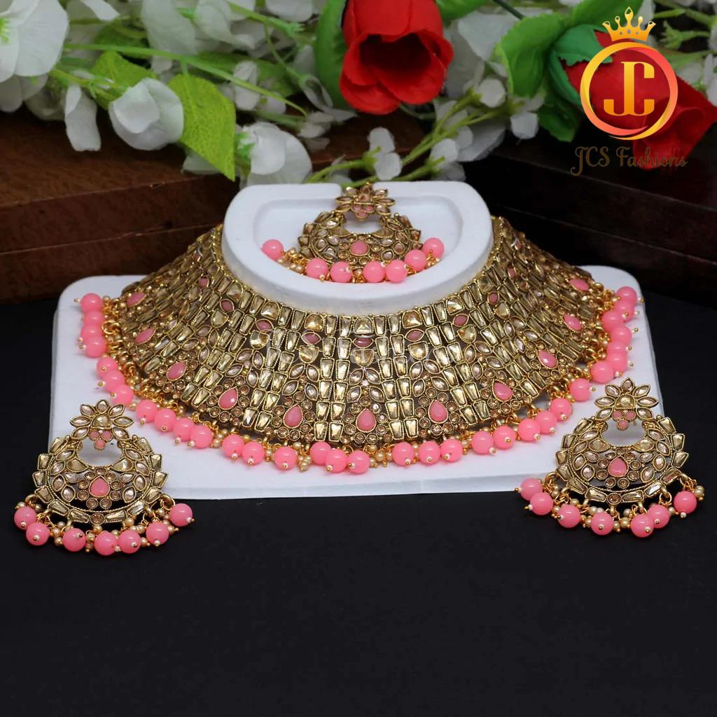 Gorgeous Kundan Polki Choker Necklace Set with Earrings and tikka Jewelry JCS Fashions Pink 7 * 2.5"