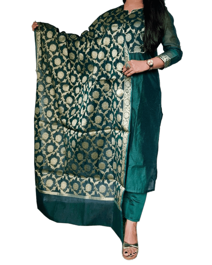 Pure Chanderi Silk Kurta With Banarasi Dupatta And Pant KURTI JCS Fashions Green XX-Large (44)