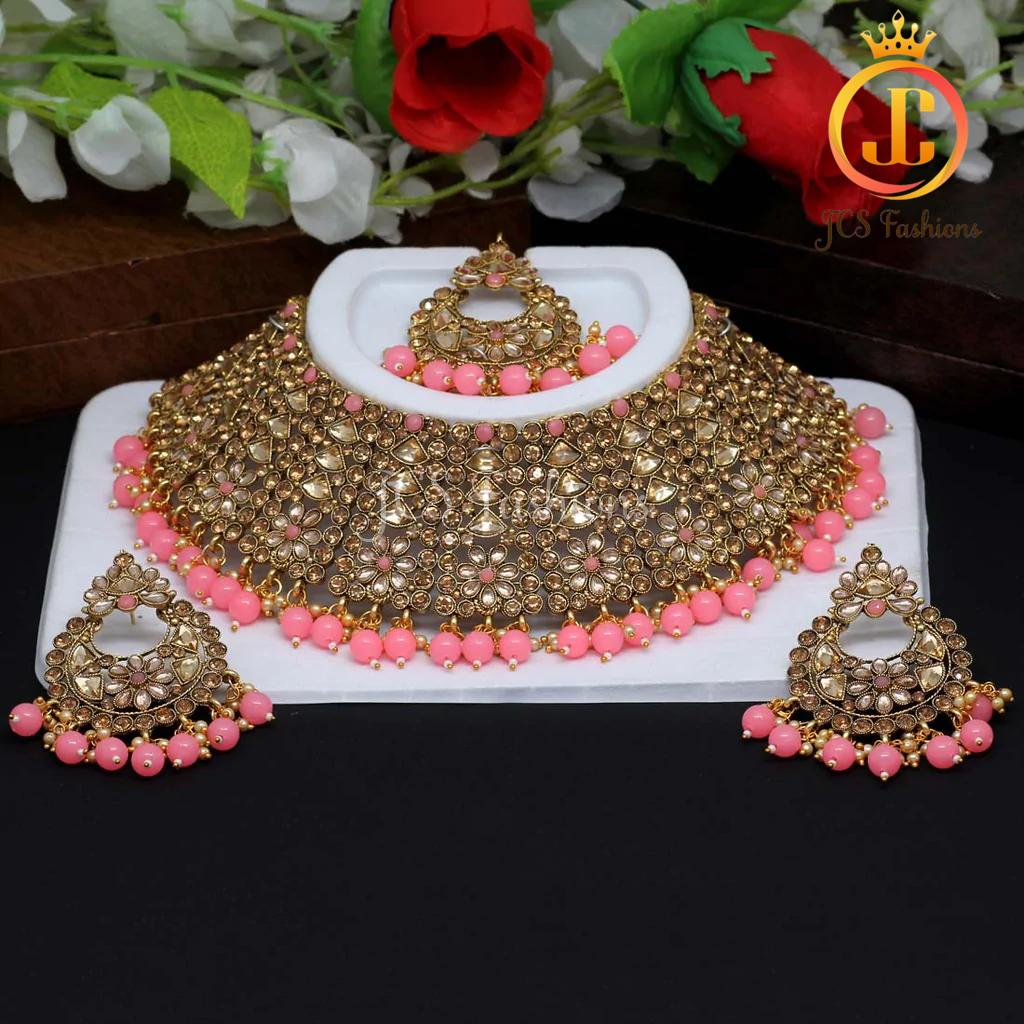 Stunning Pink Color Kundan Polki Choker Necklace Set Jewelry JCS Fashions Pink 7 * 2.5"