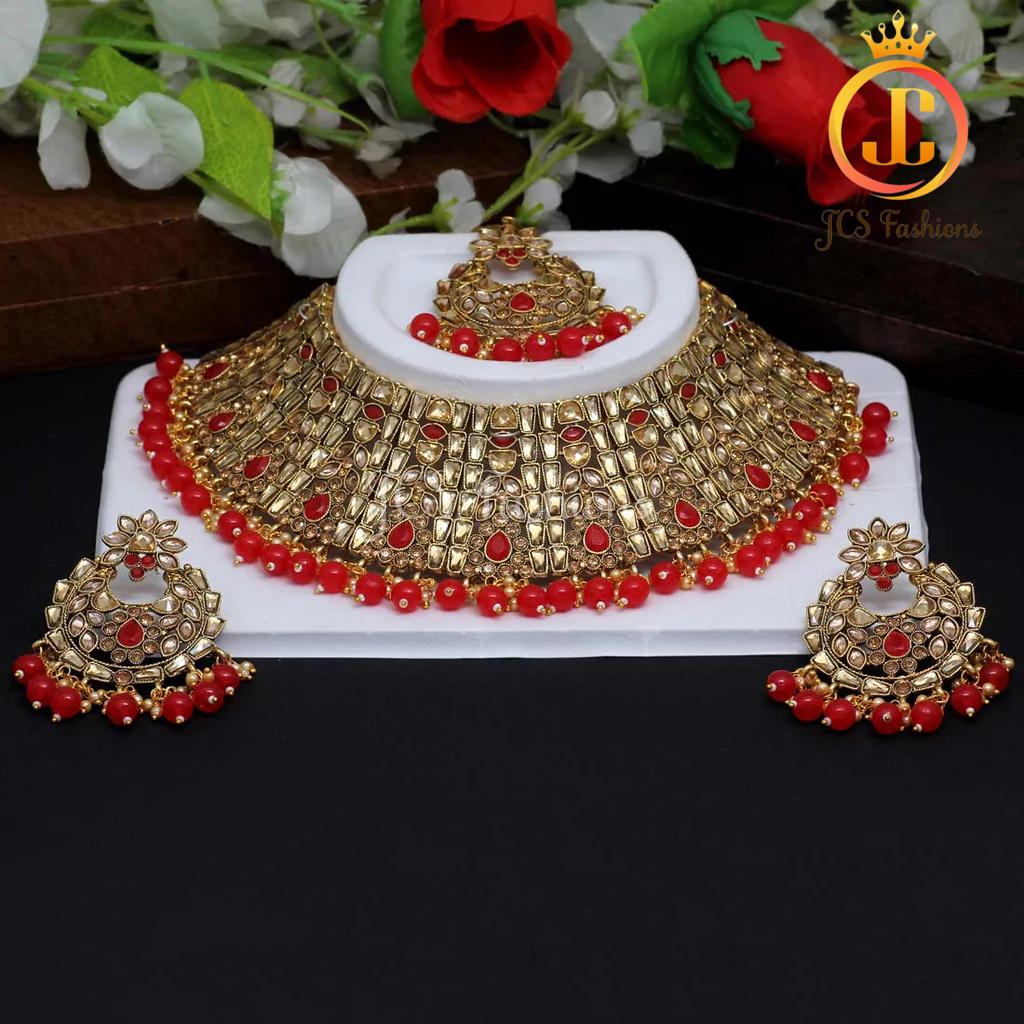 Gorgeous Kundan Polki Choker Necklace Set with Earrings and tikka Jewelry JCS Fashions Red 7 * 2.5"