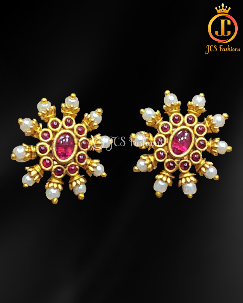 Gold Polish Stone and Pearl Pink Stud Earrings for a Luxurious Touch Jewelry JCS Fashions Pink