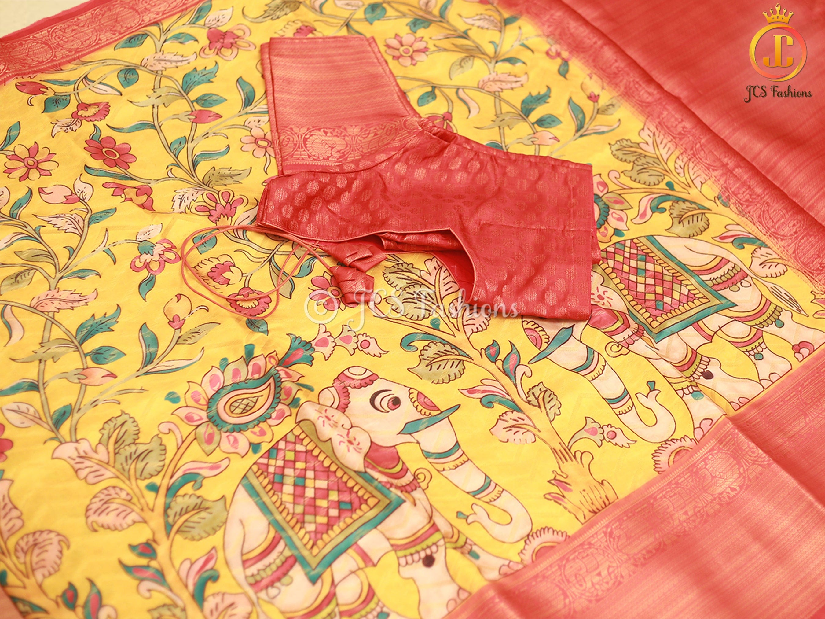 Kanchi Border Kalamkari and Patola Prints Soft Silk Saree SAREE JCS Fashions yellow 5.5 meters