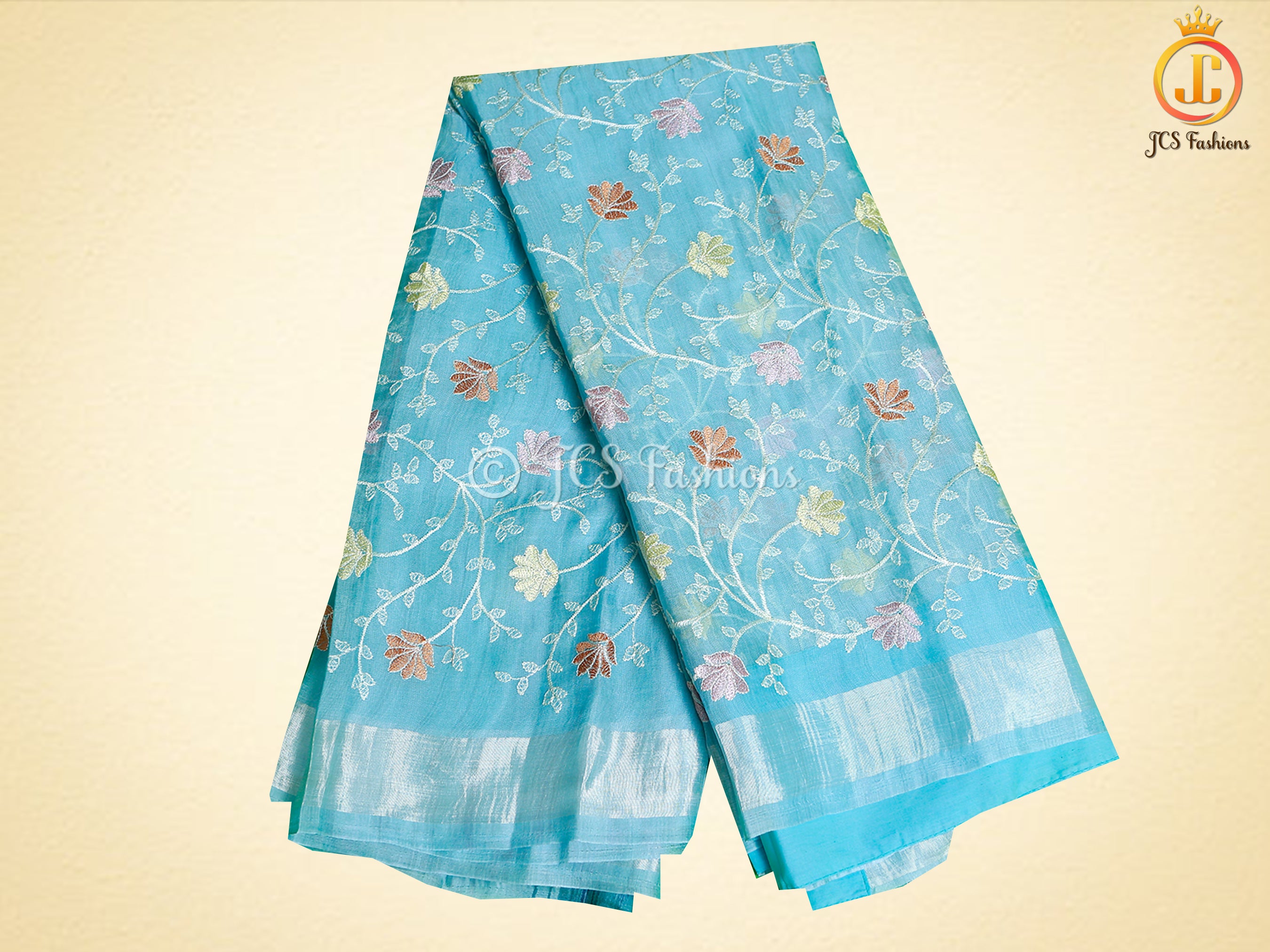 Soft Organza Saree with Allover Multicolor Embroidery Jall Work