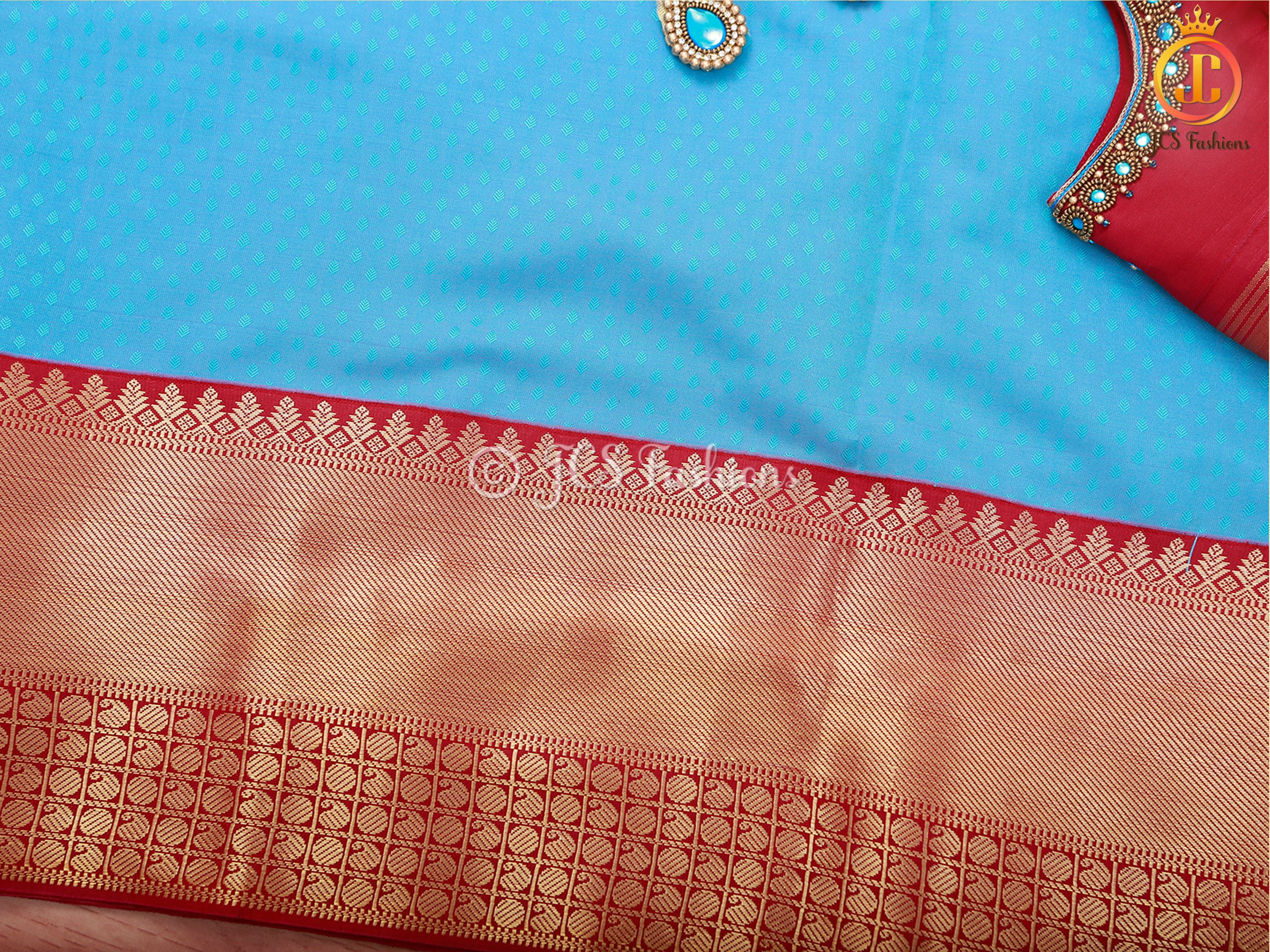 Kanchipuram Blended Silk Saree With Fully Stitched Maggam Work Blouse - Blue