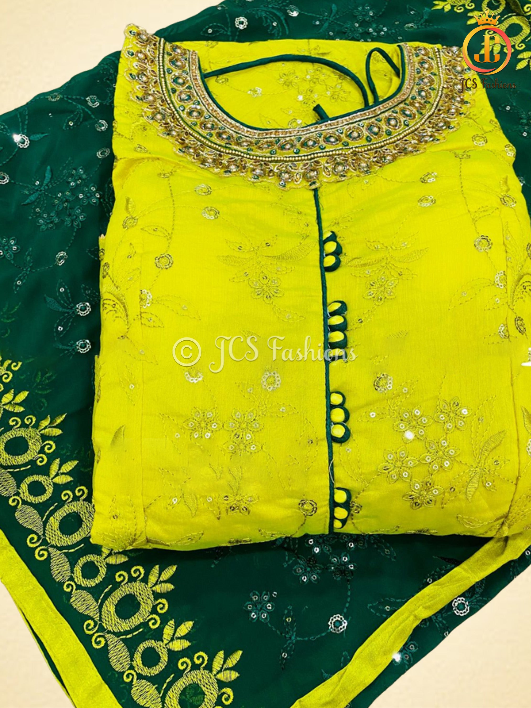 All-Over Embroidery & Sequins Work Long Gown in Greenish Yellow KURTI JCS Fashions