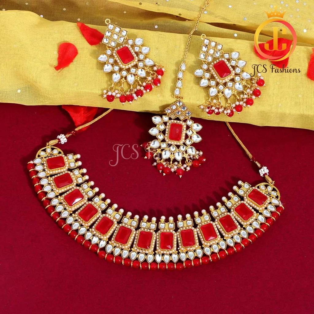 Kundan and immitation pearls Neck Set with earrings and tikka Jewelry JCS Fashions Red 22 * 5