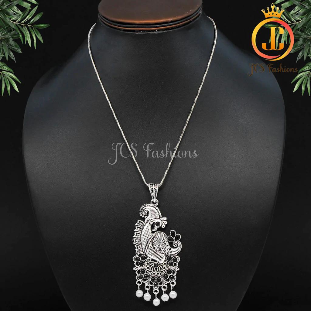 Silver Plated Necklace with Peacock pendant For Women Jewelry JCS Fashions Black