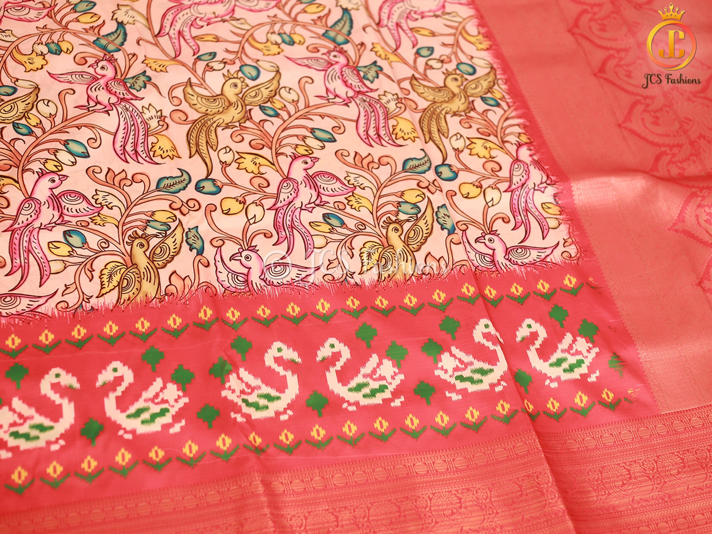 Kanchi Border Soft Silk Saree with Kalamkari and Patola Prints SAREE JCS Fashions