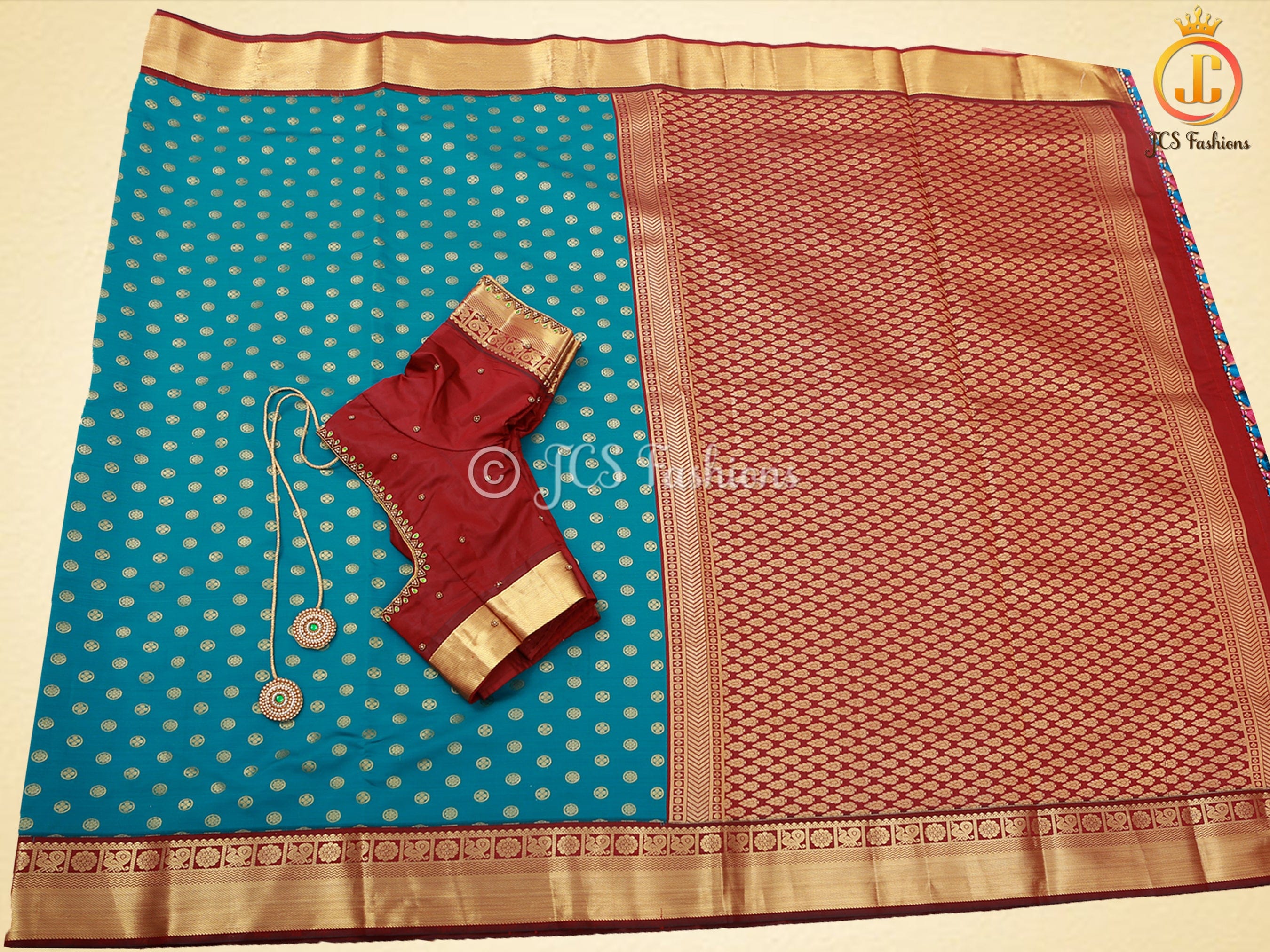 Korvai Semi Silk Saree With Maggam Work Blouse, Blue And Maroon