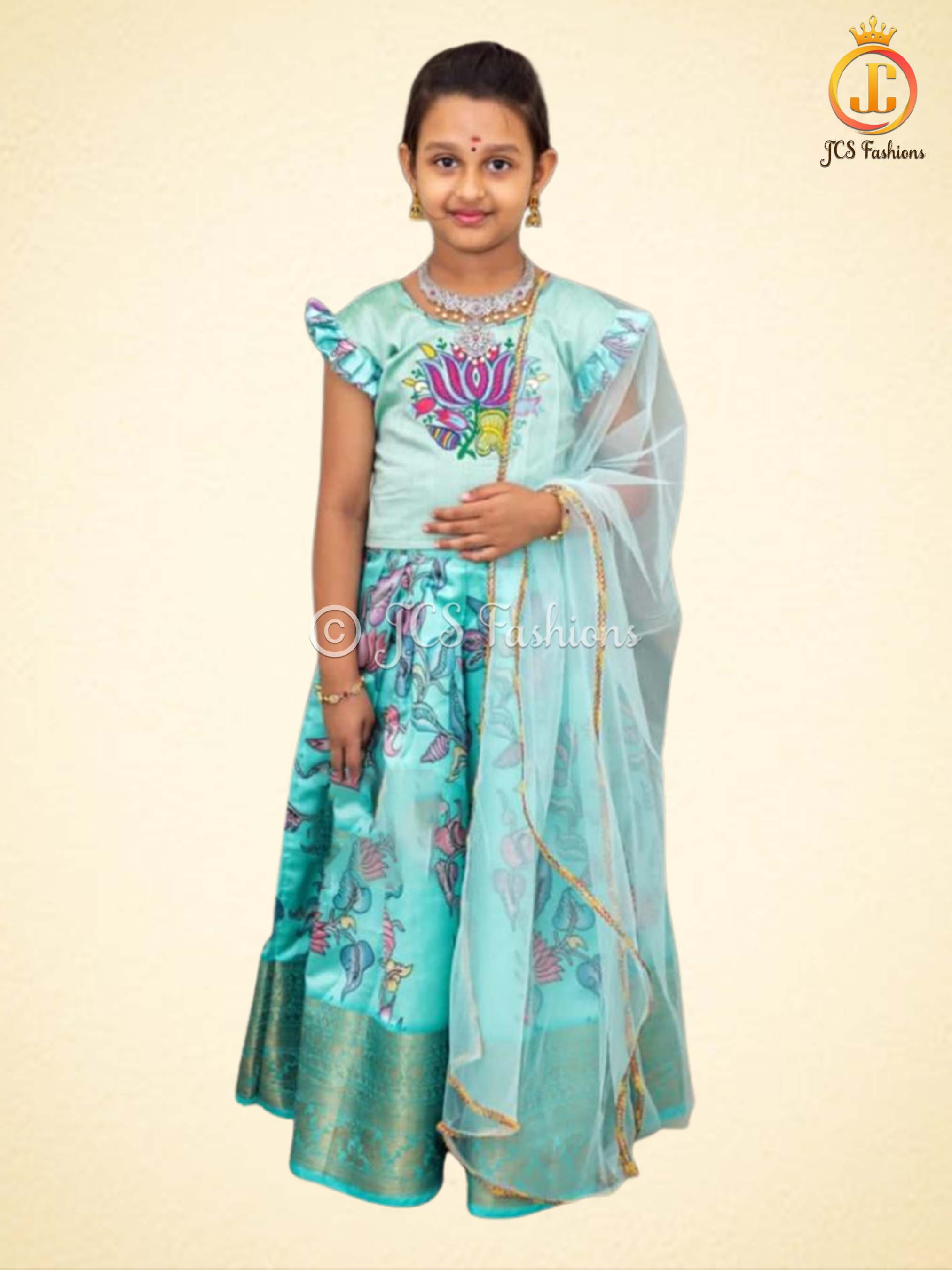 Blue Kalamkari Print Lehenga with Croptop for Kids/Girls Lehenga JCS Fashions