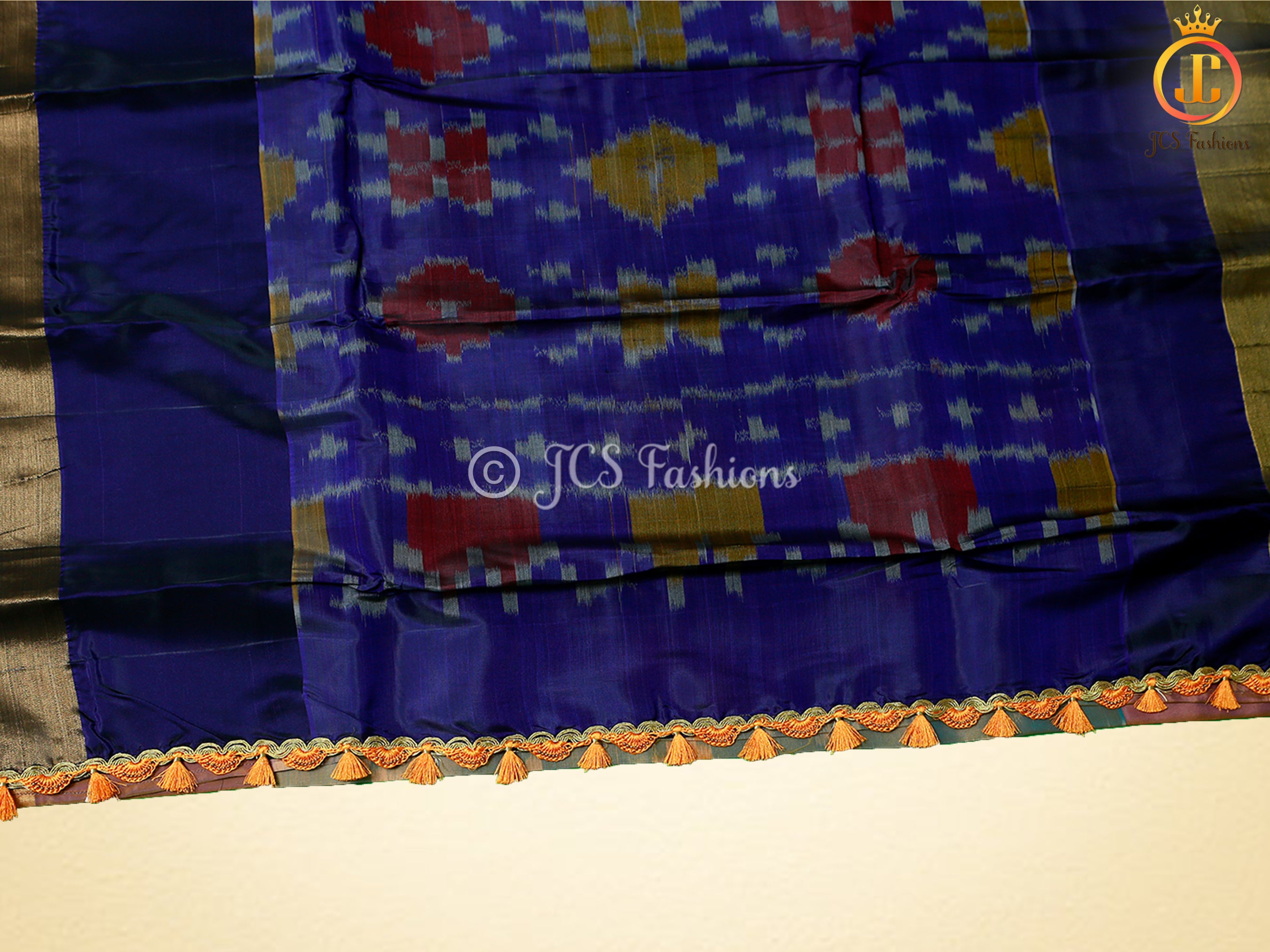 Soft Silk Pattu Saree, All-Over Pochampalli ikkat Design, Contrast Color Blouse SAREE JCS Fashions