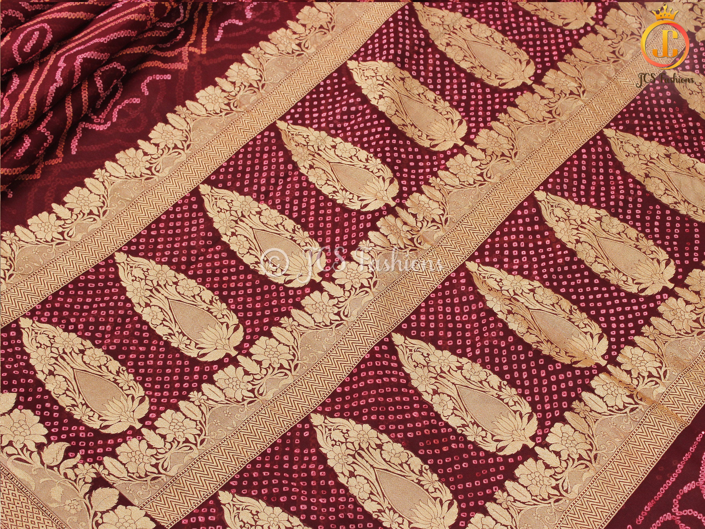 Maroon Pure Khaddi Georgette Rai Bandhej Saree, Silk Mark Certified SAREE JCS Fashions