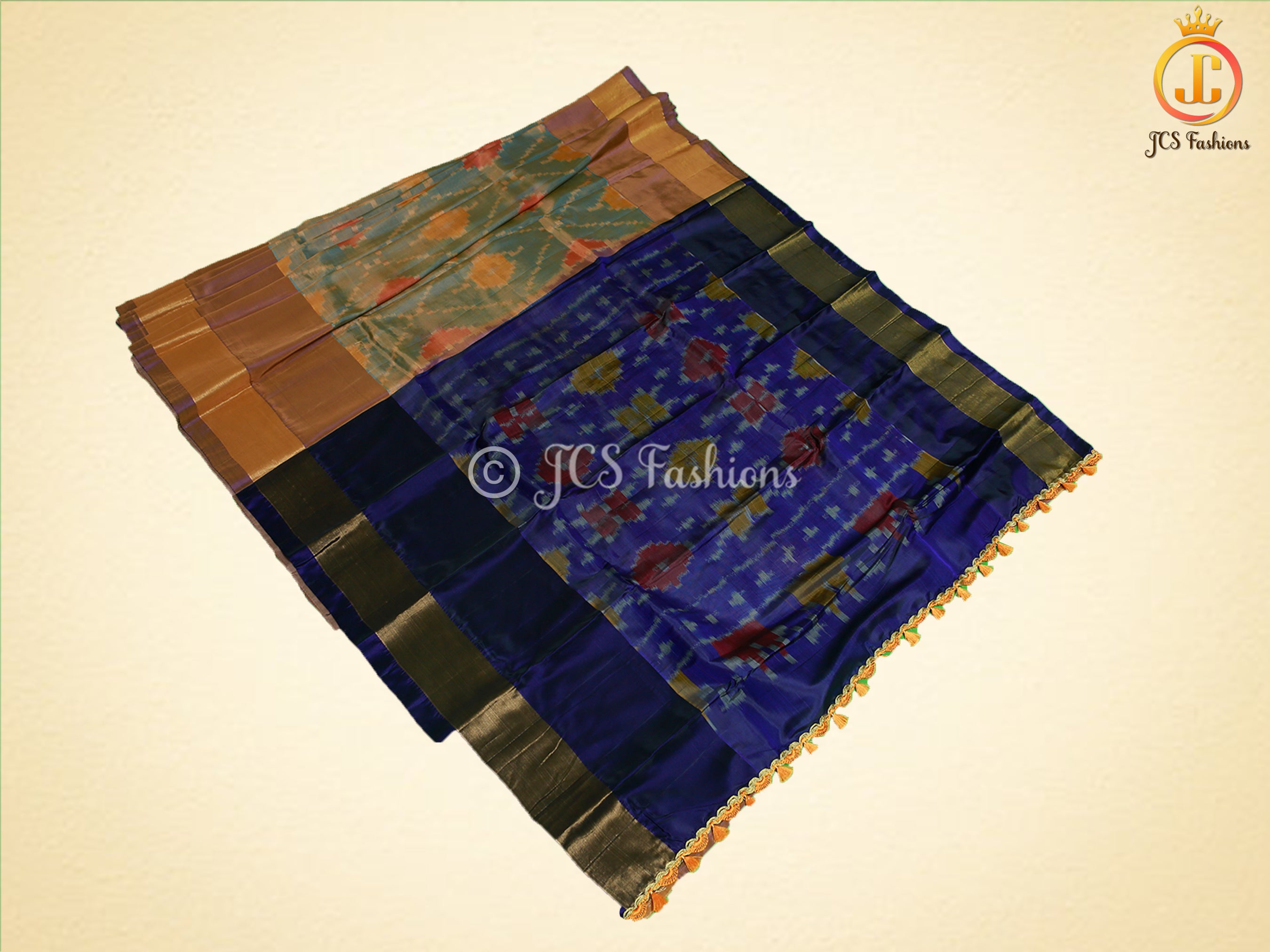 Soft Silk Pattu Saree, All-Over Pochampalli ikkat Design, Contrast Color Blouse SAREE JCS Fashions