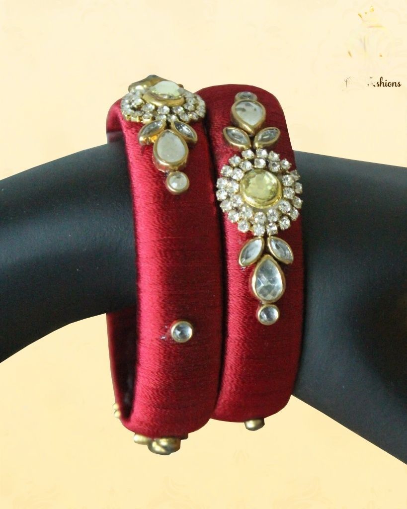 Maroon Silk Thread Bangles with Stone and Aari Work