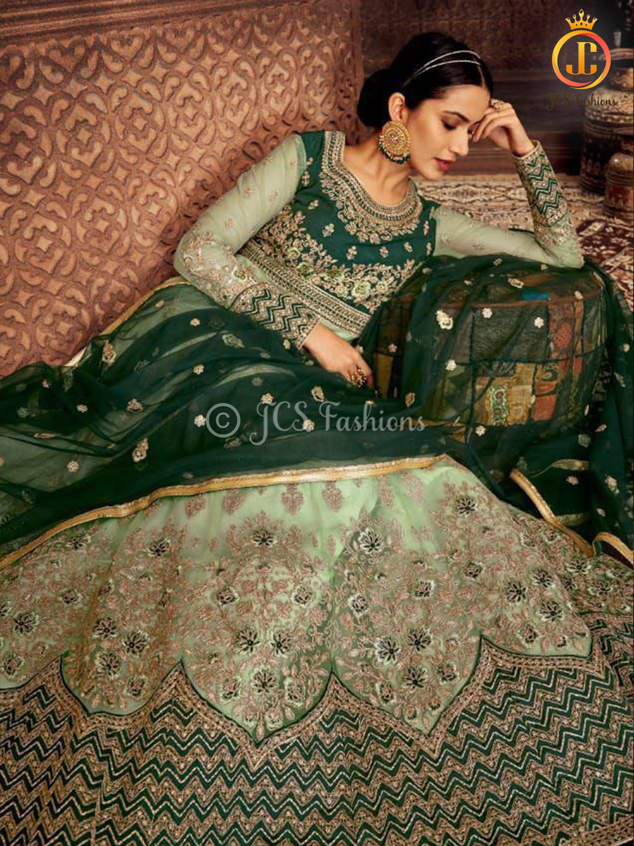 Designer net with embroidery work Floor length Gown | Green KURTI JCS Fashions