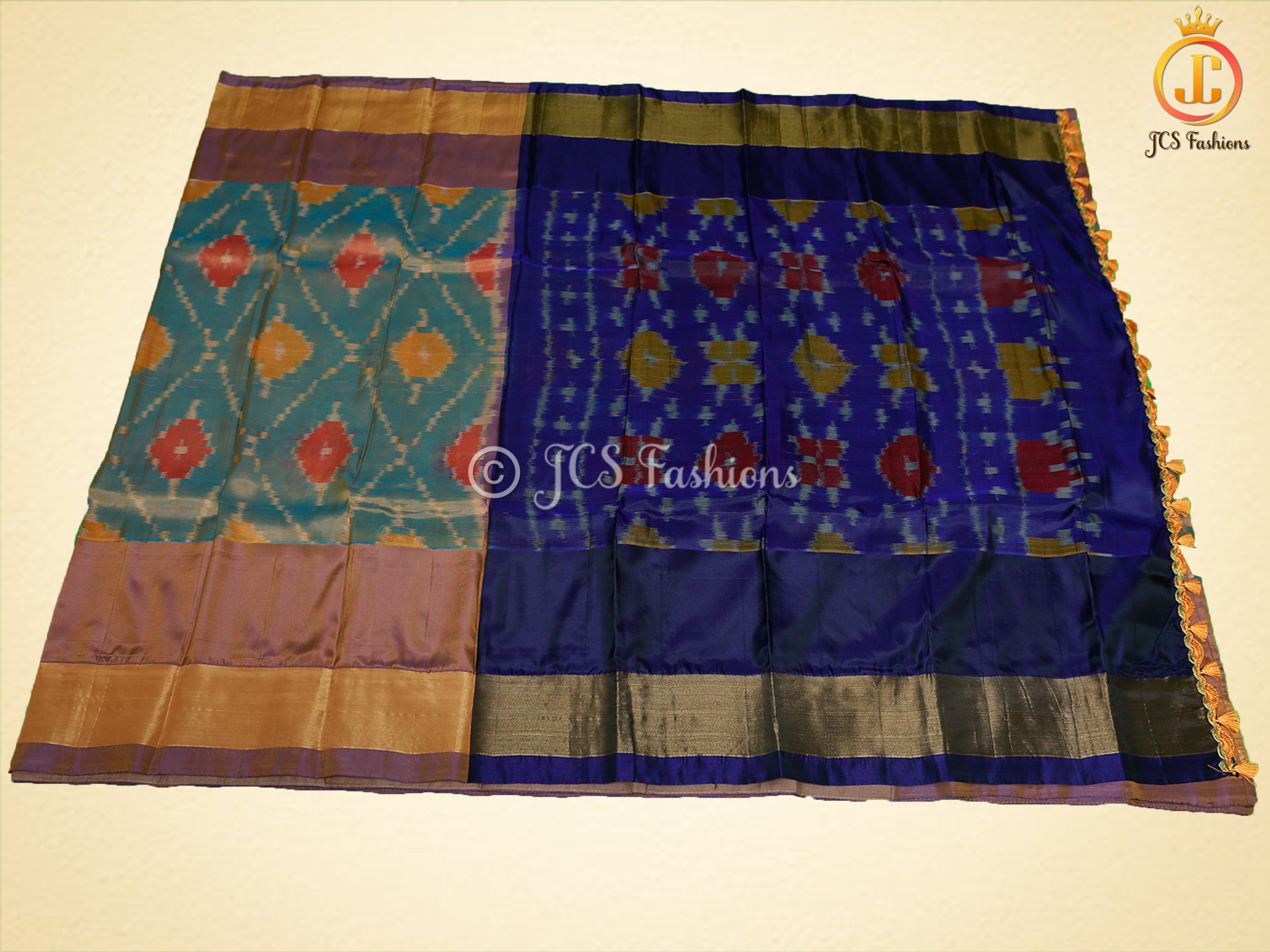 Soft Silk Pattu Saree, All-Over Pochampalli ikkat Design, Contrast Color Blouse