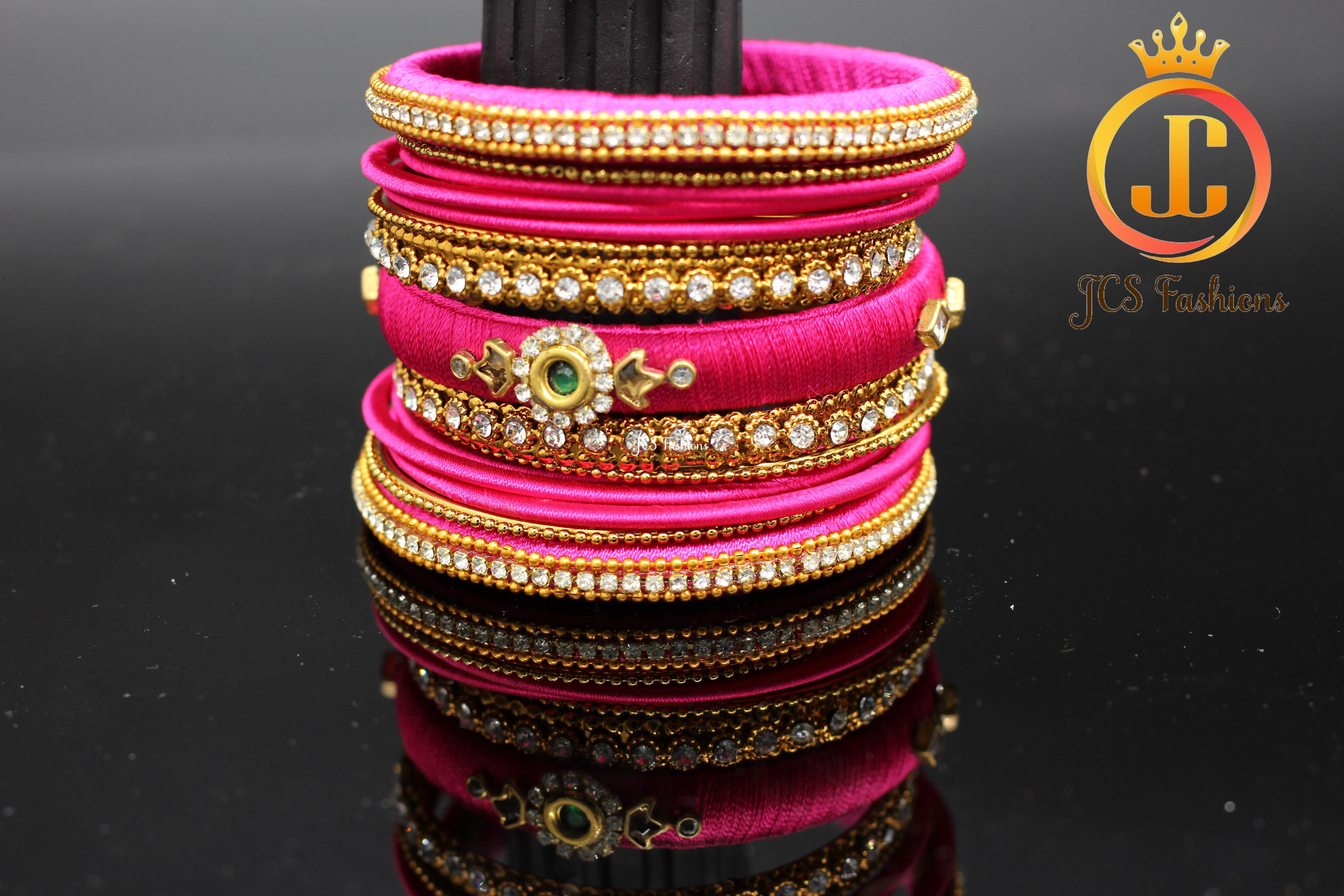 Designer Silk Bangles: Kundan and Stone - Set of 15 - JCSFashions Jewelry JCS Fashions