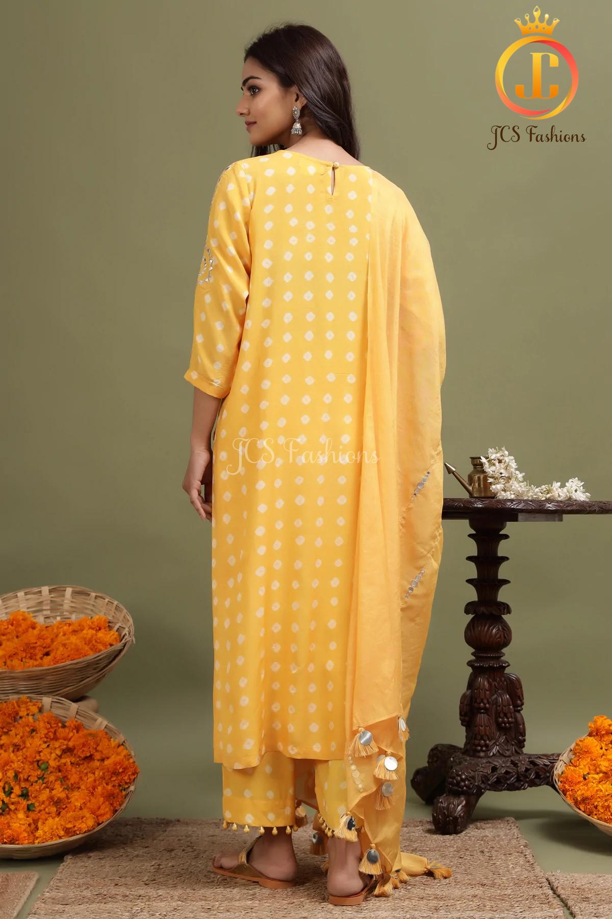 Yellow Bandhini Straight Kurti With Potli Pants and matching Stole Sustainable JCS Fashions