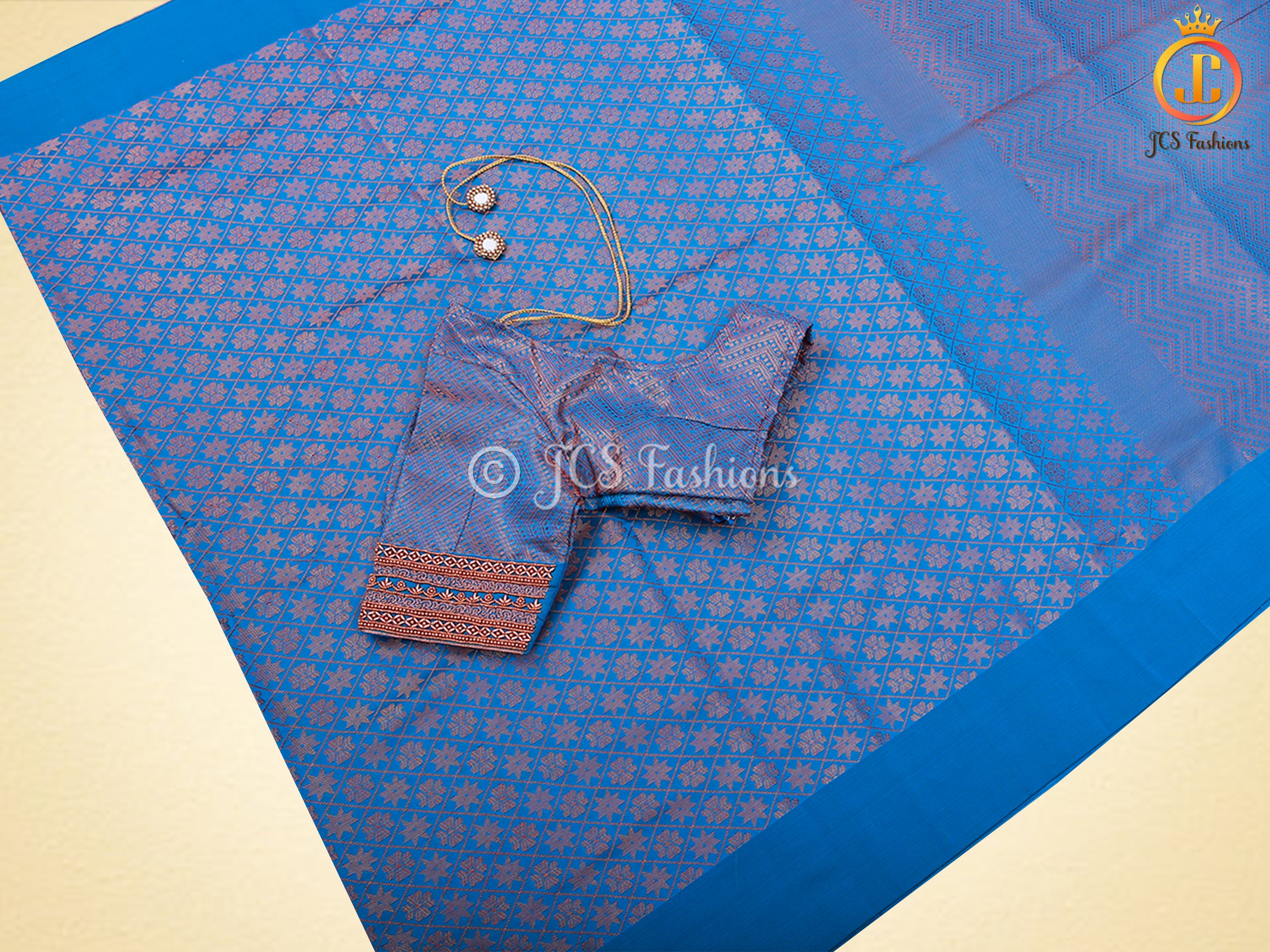 Blue Copper Zari Soft Silk Saree With fully stitched Blouse