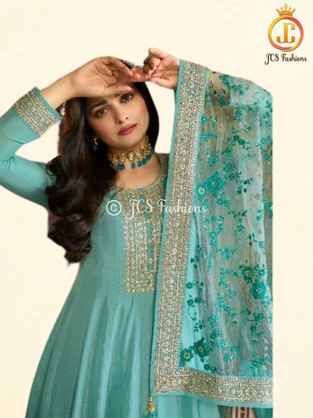 Stunning Dola Silk A-line Floor Length Gown in Glowing Green KURTI JCS Fashions