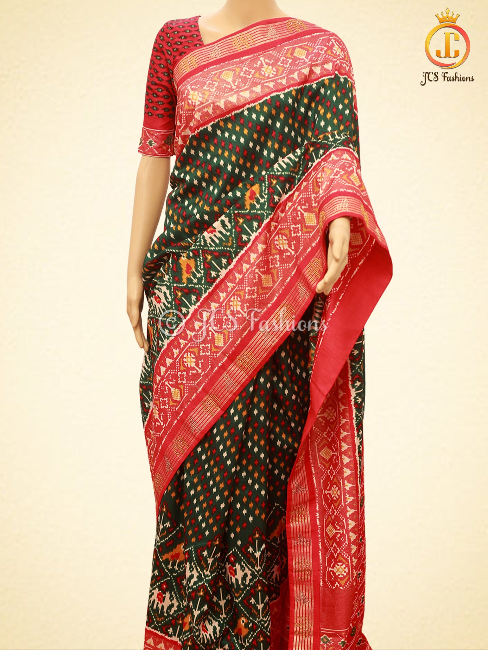 Patola Printed Ikkat Designer Gajji Silk Sarees With Printed Blouse