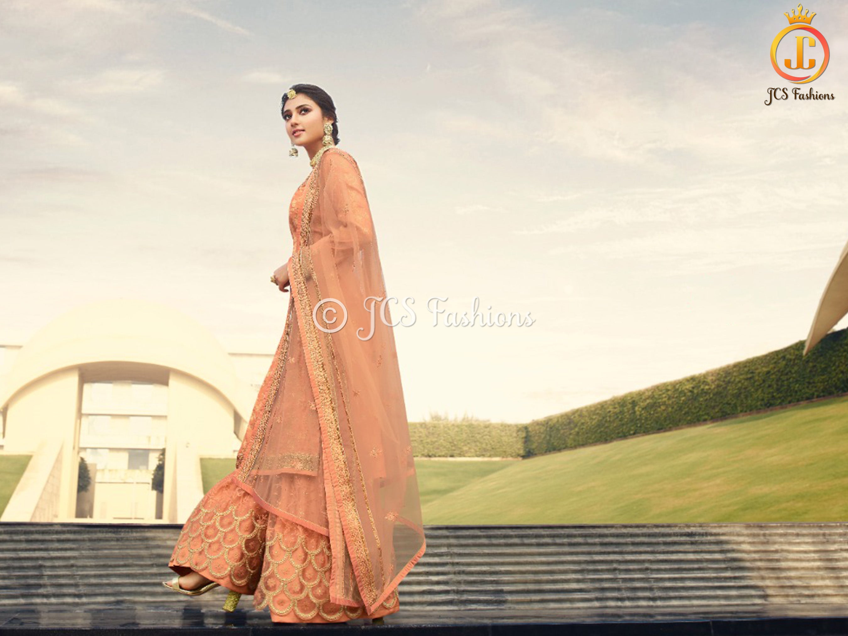 Sharara Suit With Intricate Stone and Embroidery work in Peach KURTI JCS Fashions